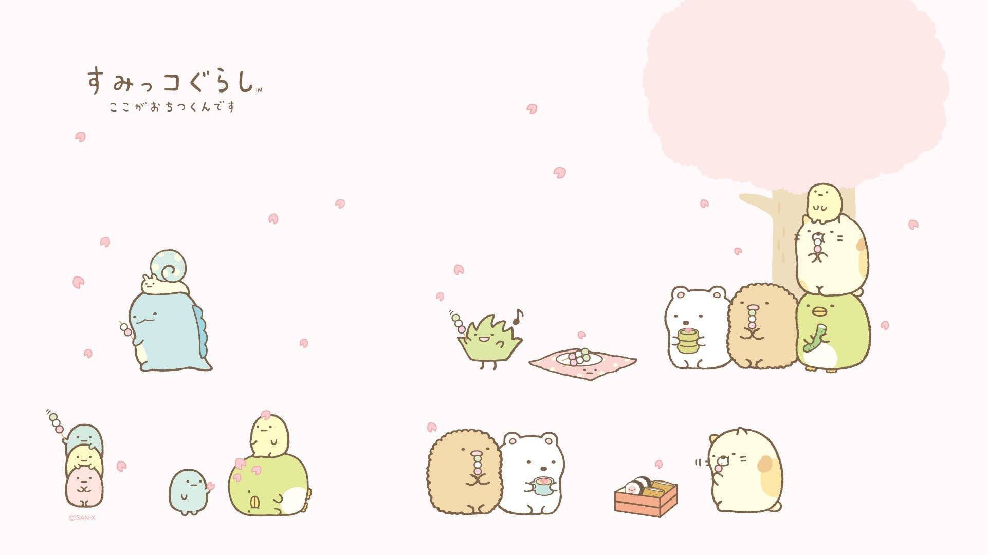 Sumikko Gurashi, pink cherry blossom tree, tea, Full HD Desktop Wallpaper