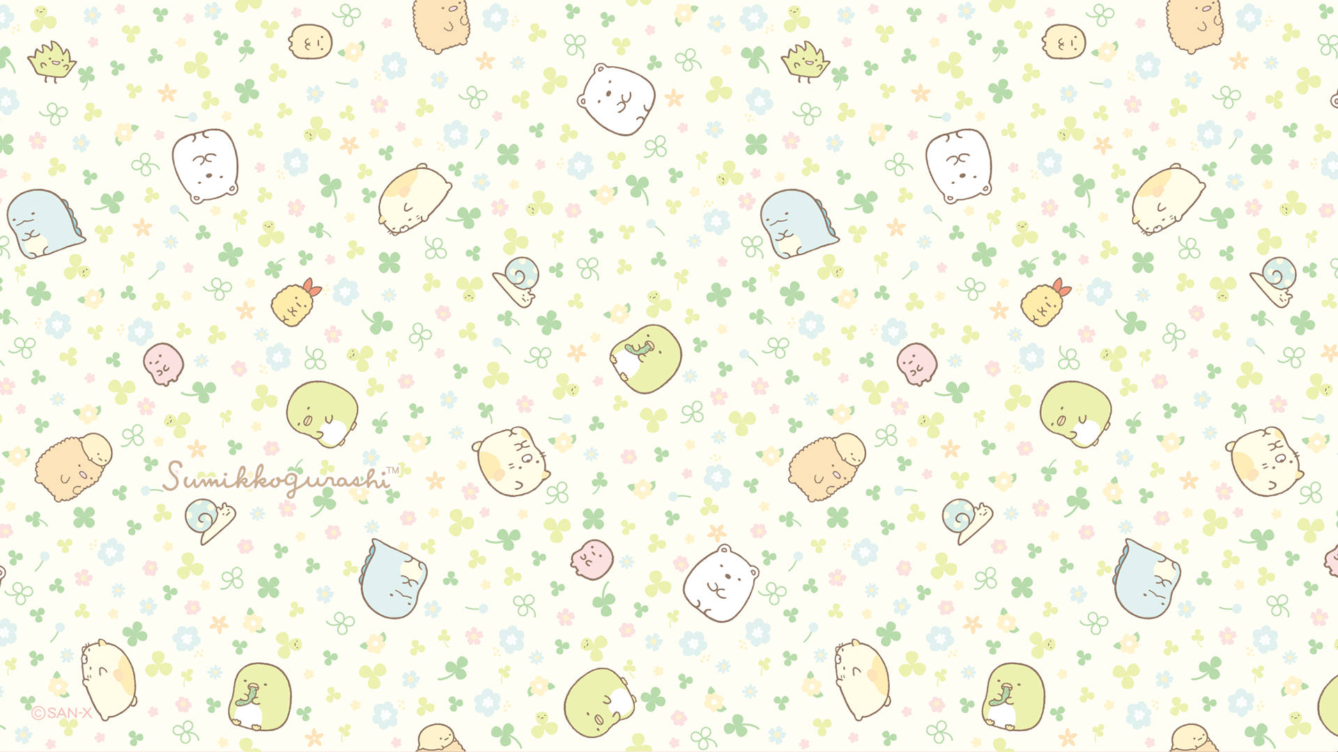 Sumikko Gurashi, pastel-colored, floral patterns, Full HD Desktop Wallpaper