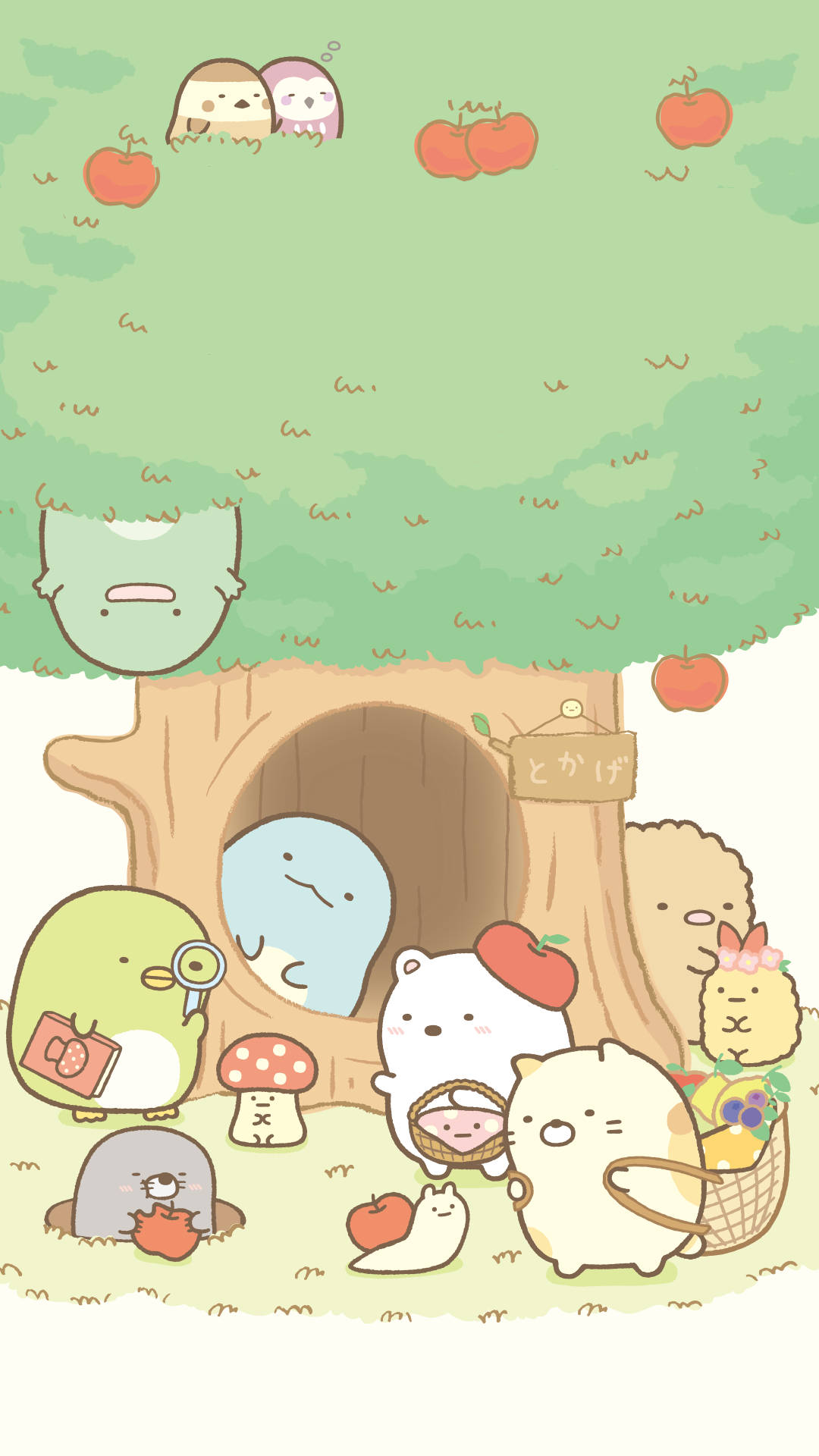 Sumikko Gurashi, apple tree, pastel forest, Full HD Phone Wallpaper