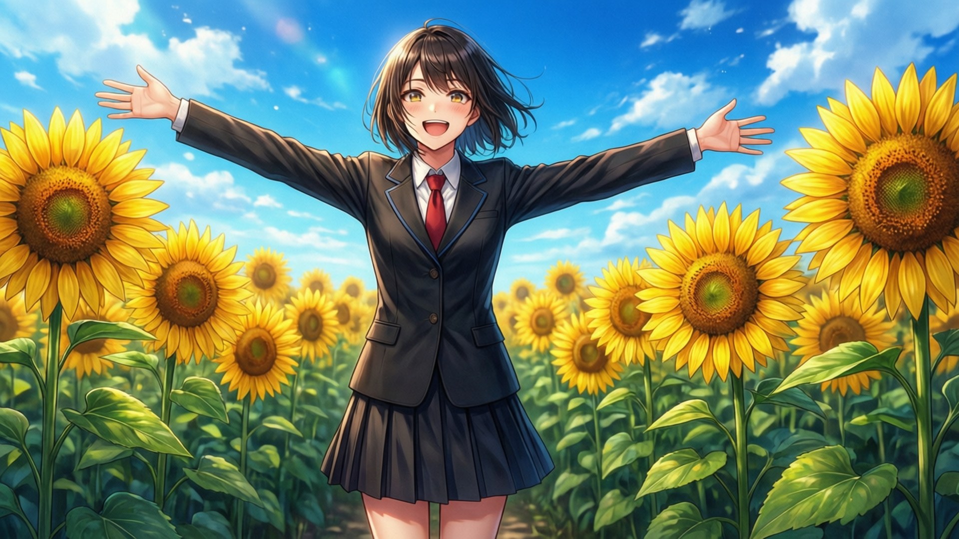 Sumire Kanou, sunflower field, sunny day, Full HD Desktop Wallpaper