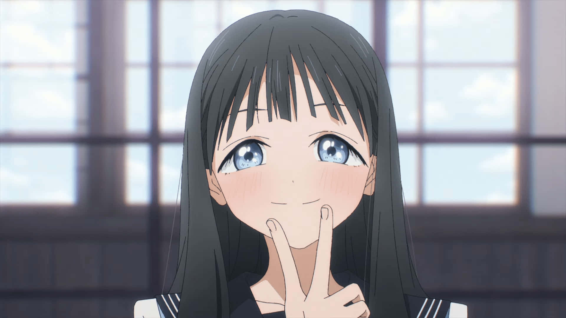 Sumire Kanou, long black hair, bright blue eyes, Full HD Desktop Wallpaper