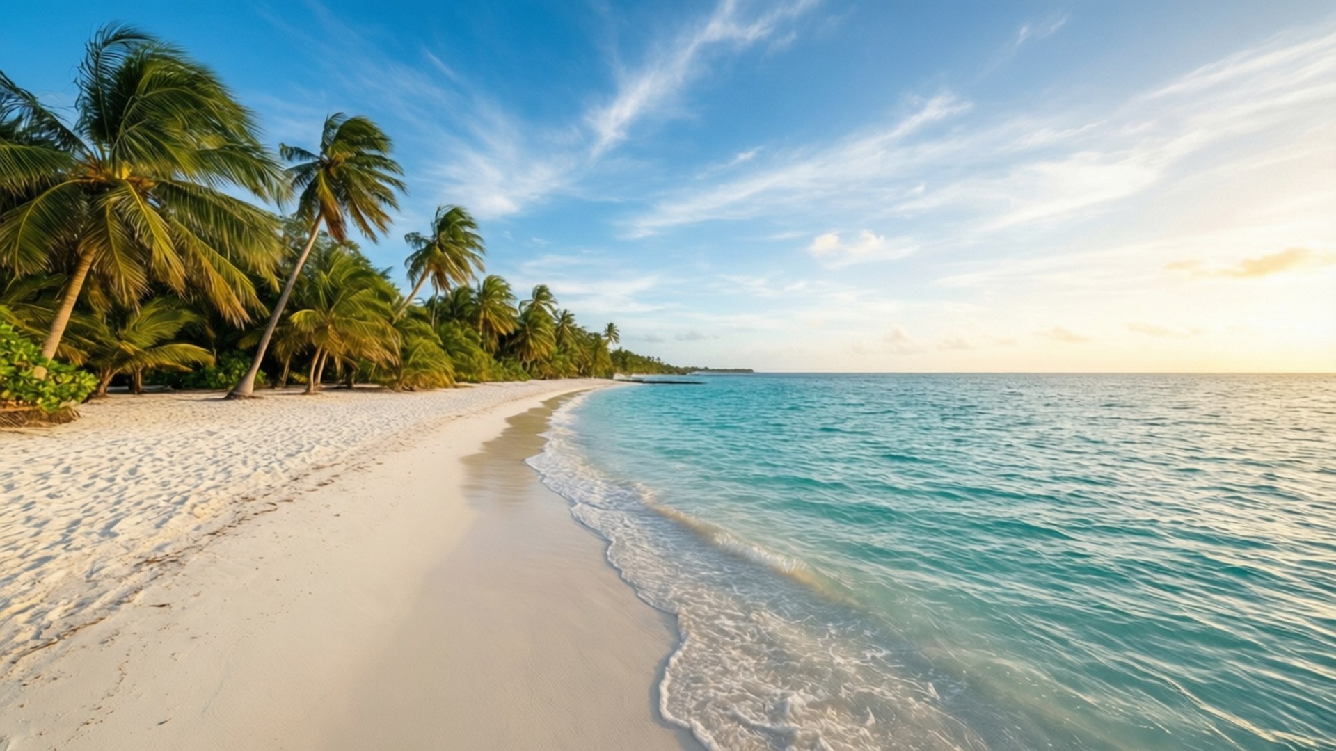 tropical paradise panorama, ultra-wide beach wallpaper, pristine sand, Full HD Desktop Wallpaper
