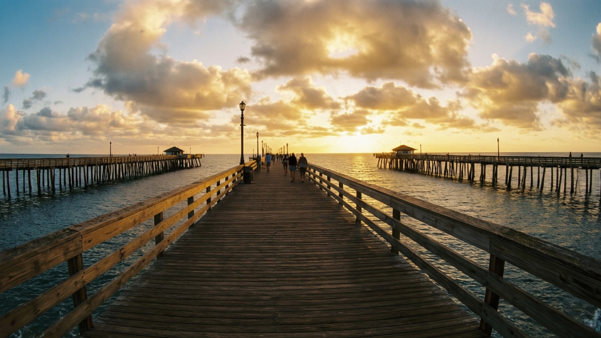 Boardwalk at Dusk, sunset, wooden pier, Full HD Desktop Wallpaper
