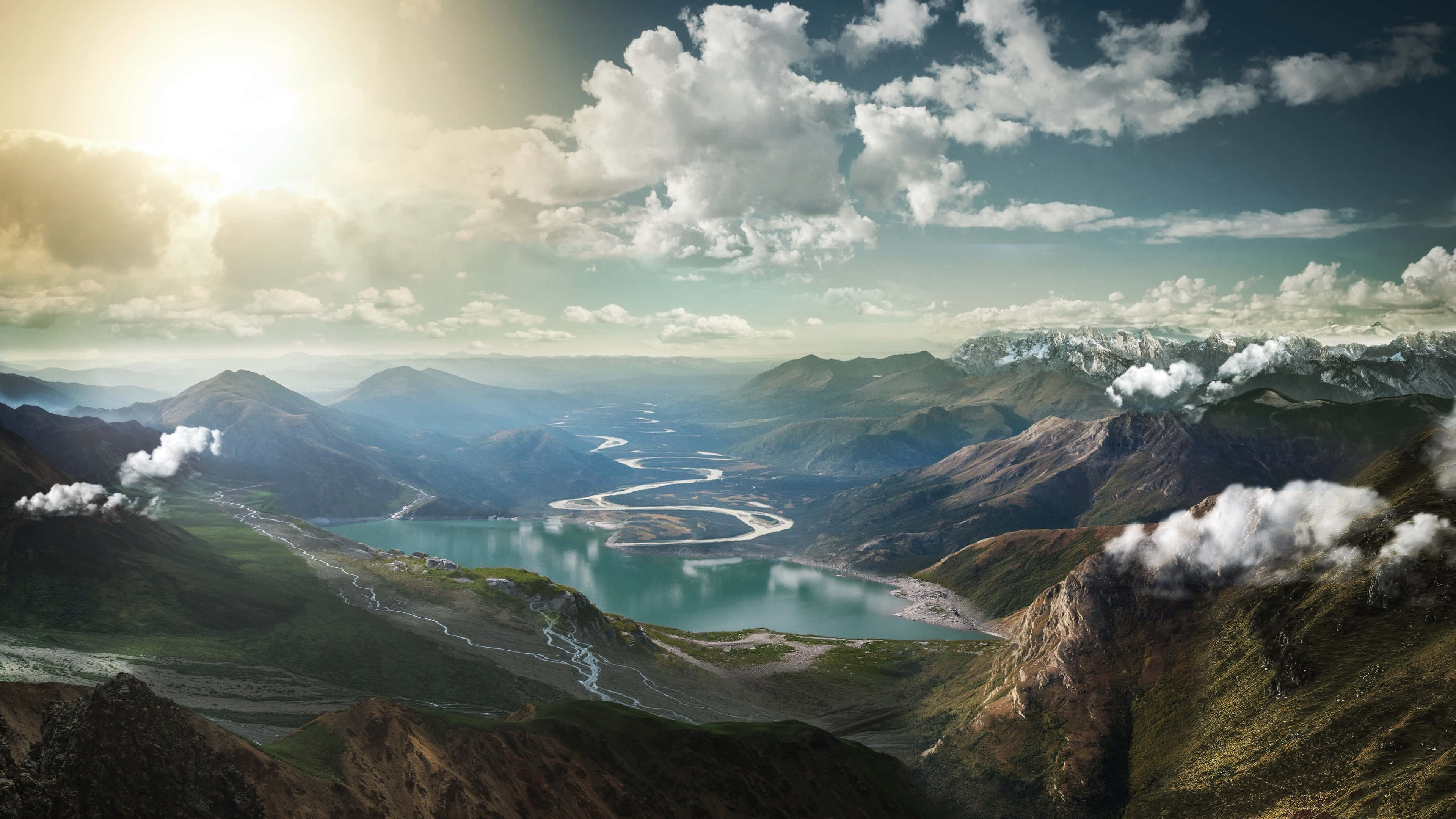 majestic mountain valley sunset, 4K Ultra Wide, turquoise river, 4K Desktop Wallpaper