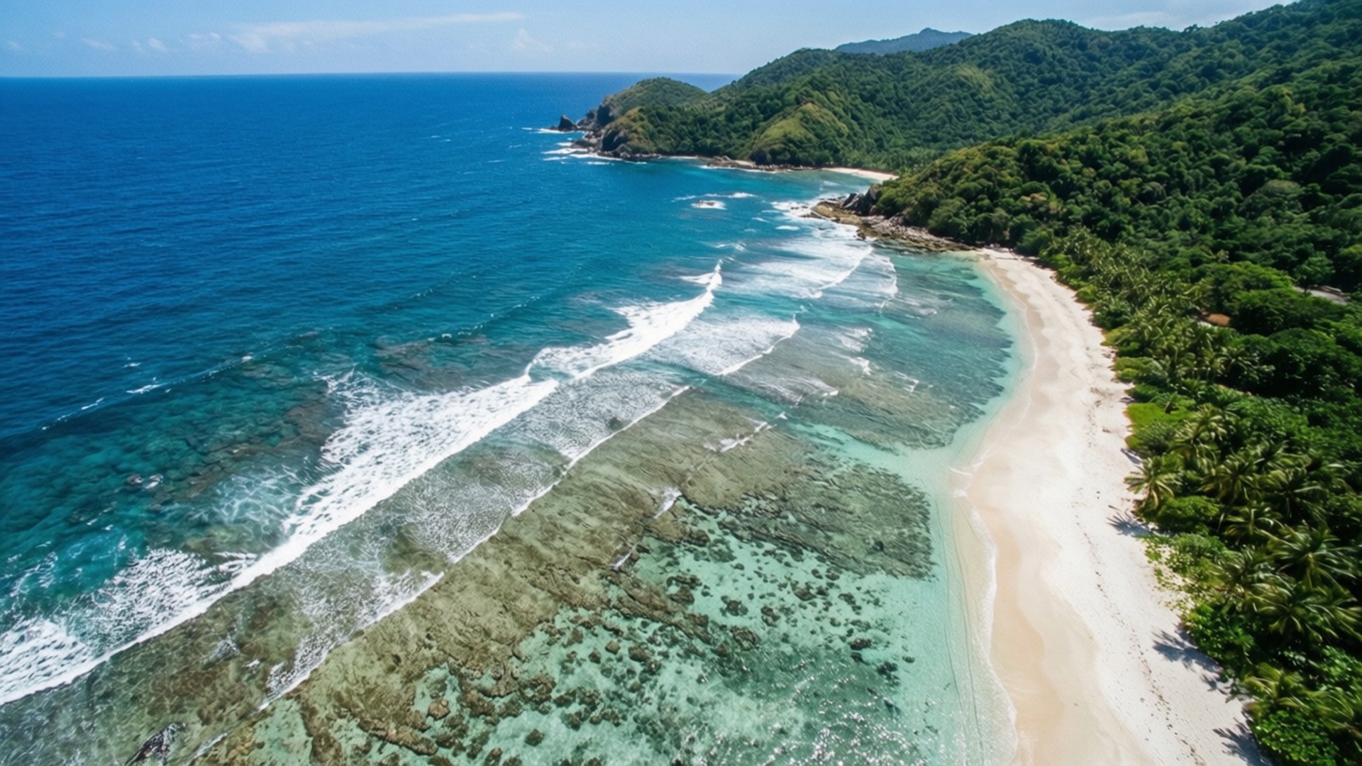 aerial beach paradise, pristine tropical beach, turquoise waters, Full HD Desktop Wallpaper