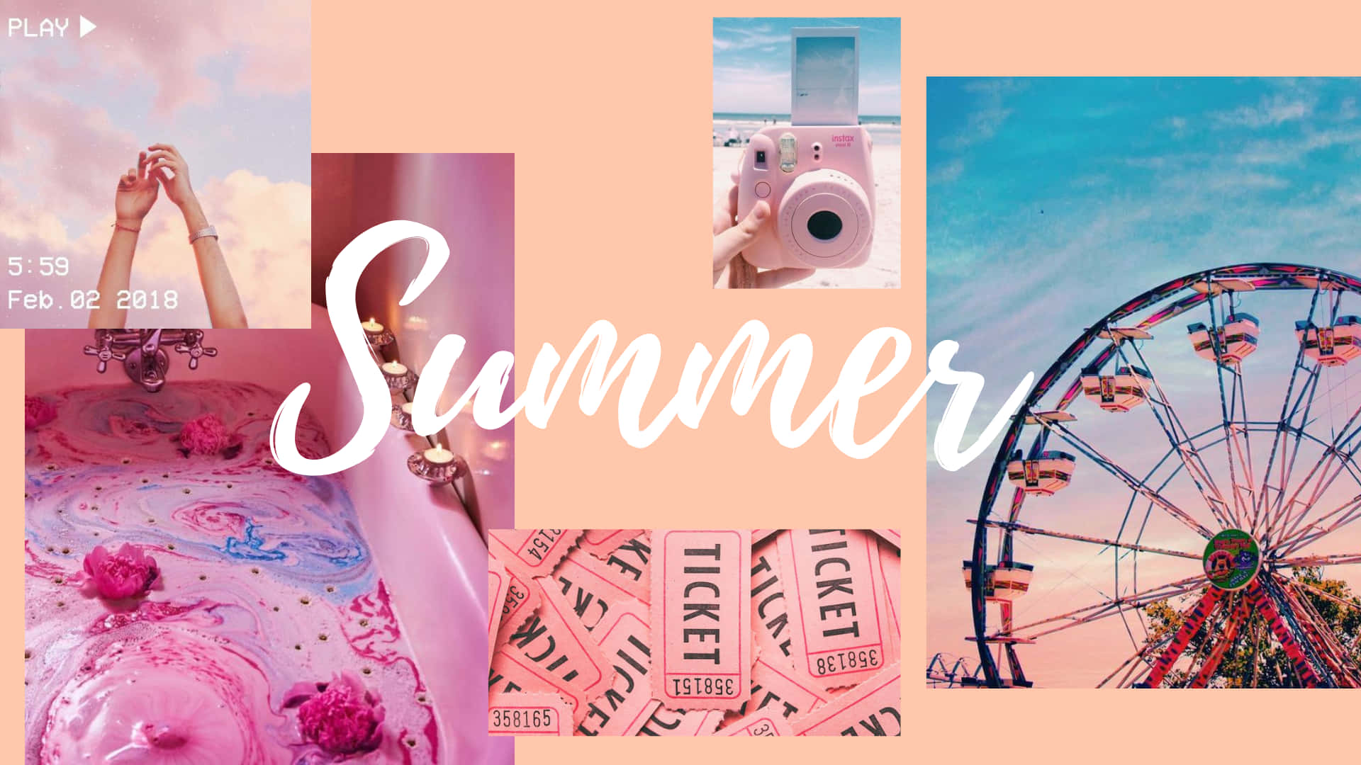 pink Ferris wheel, pink clouds, pink instant camera, Full HD Desktop Wallpaper