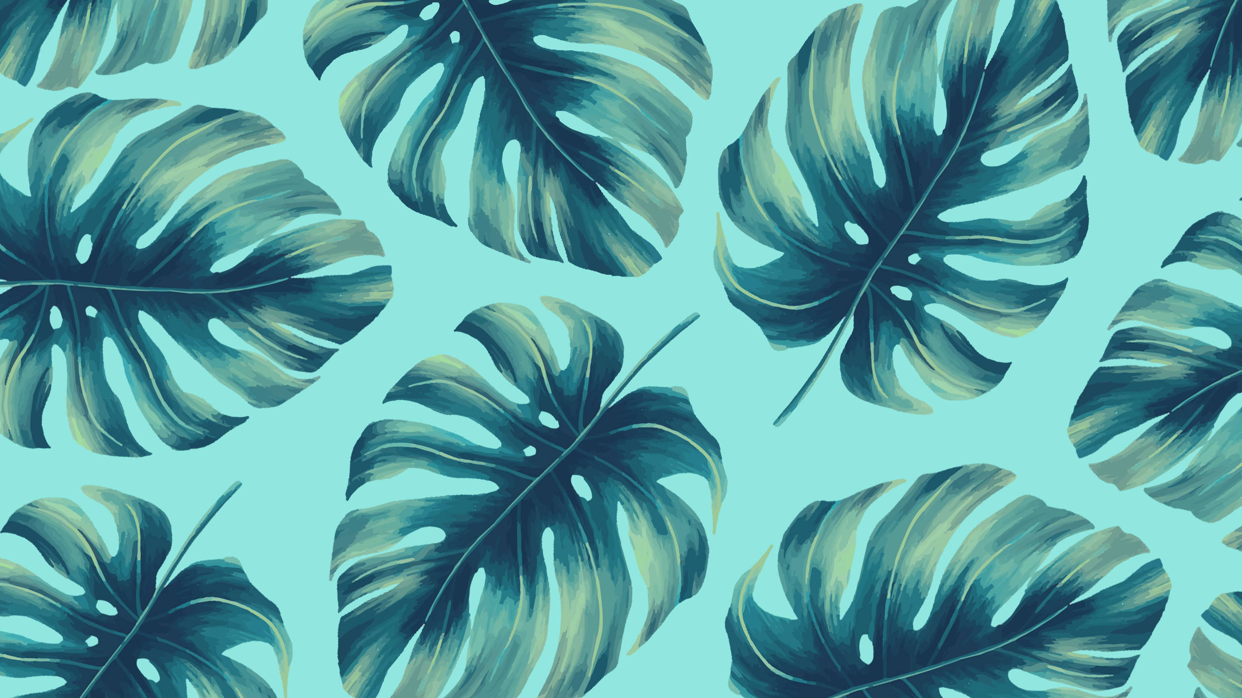 monstera leaves, deep teal, olive green, 2K Desktop Wallpaper