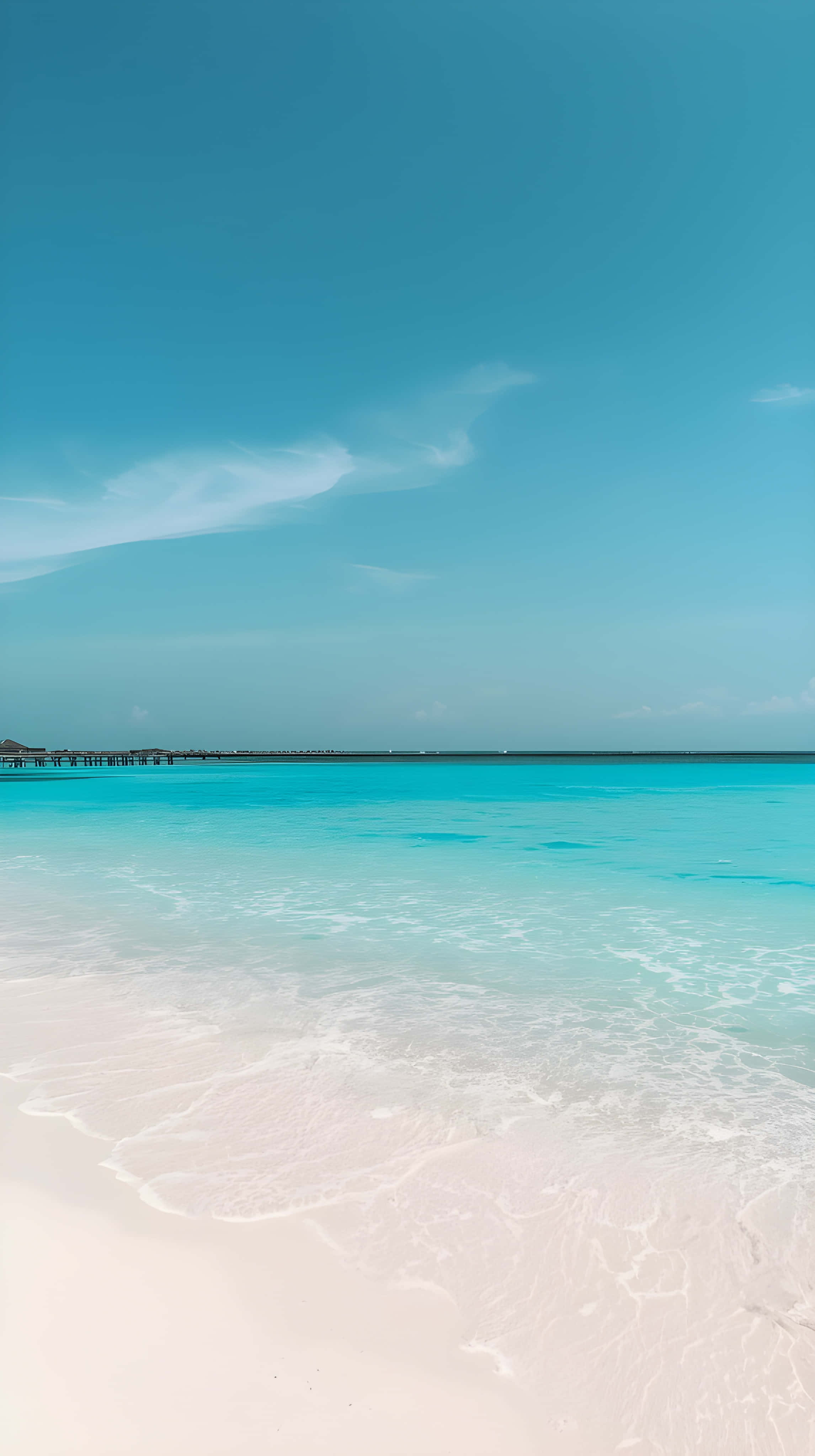 pristine white sand beach, sunny blue sky, crystal clear turquoise waters, 4K Phone Wallpaper