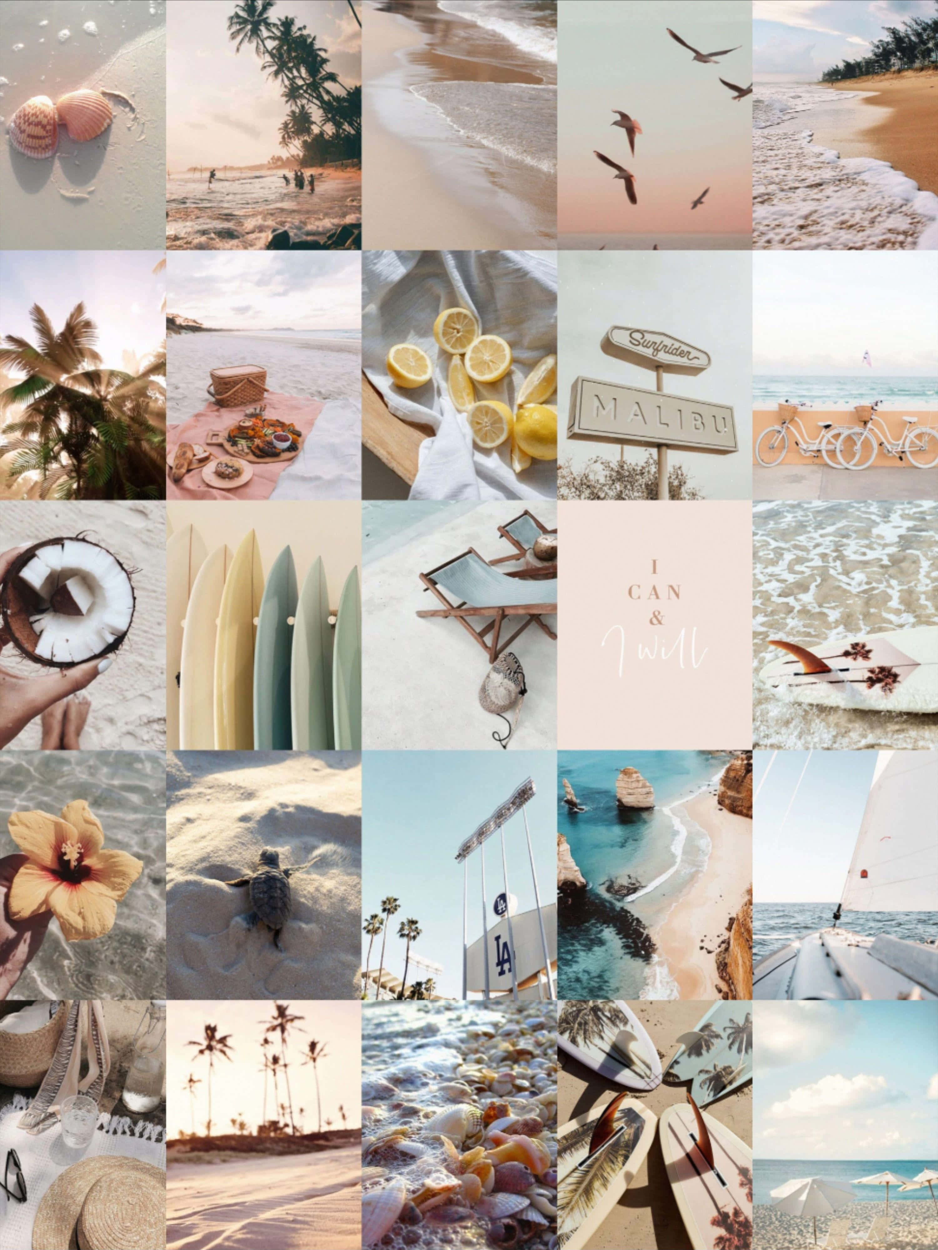 Summer Beach Collage Aesthetic, palm trees, surfboards, 4K Phone Wallpaper