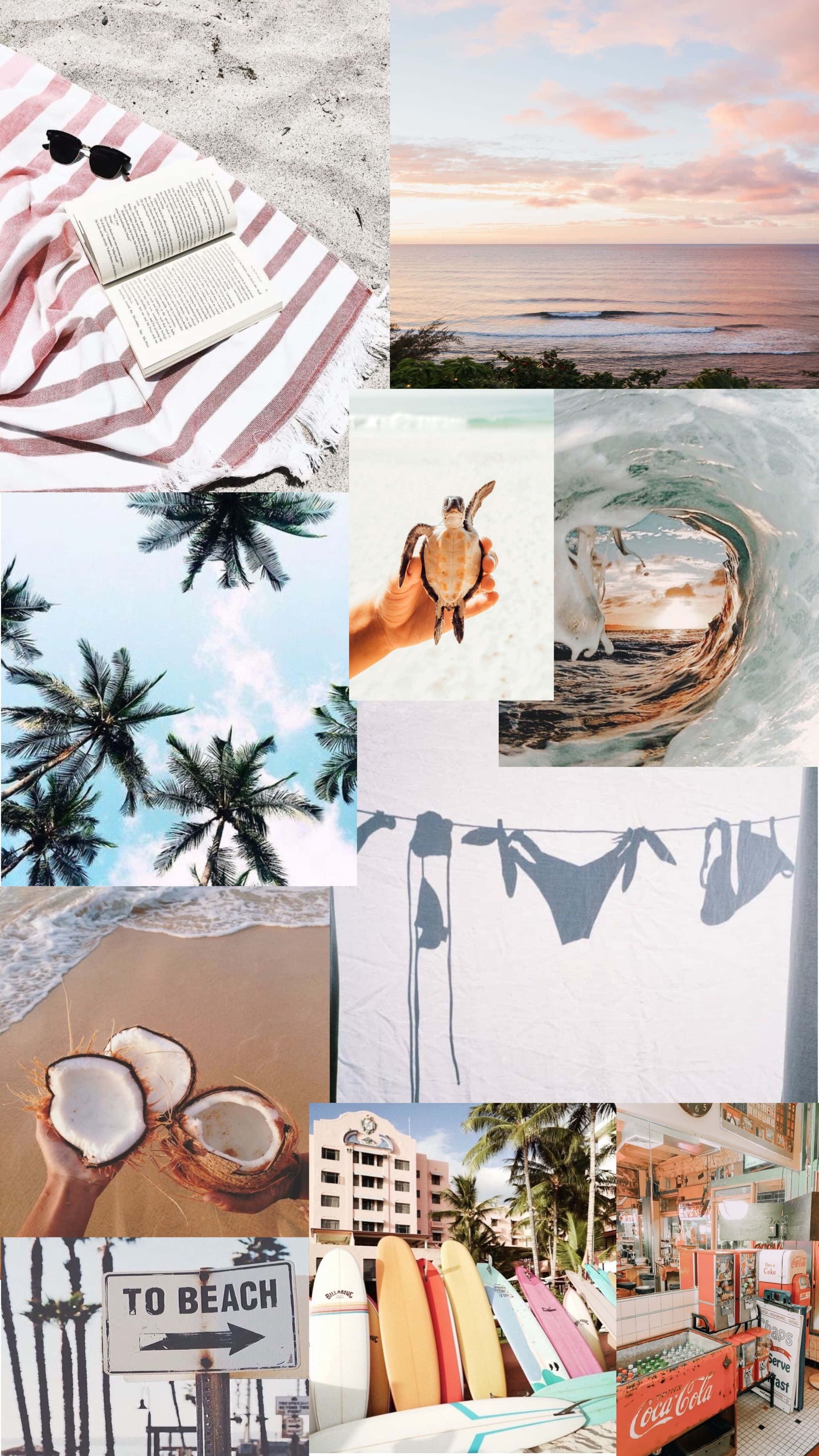 Summer Beach Collage, striped towels, books, 4K Phone Wallpaper