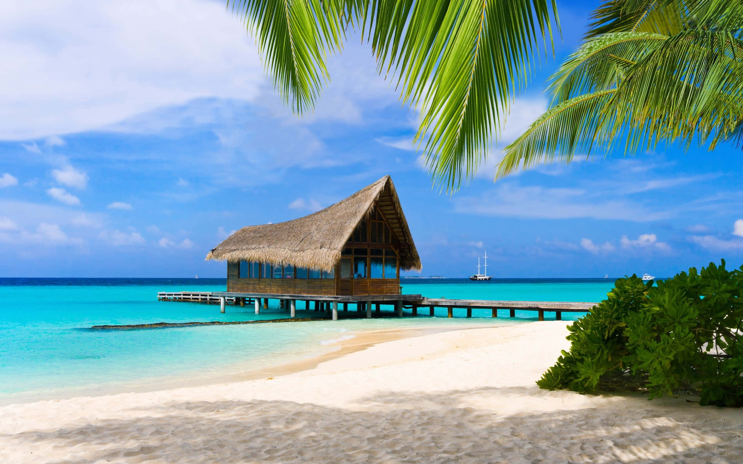 wooden overwater bungalow, thatched roof, pier, 2K Desktop Wallpaper