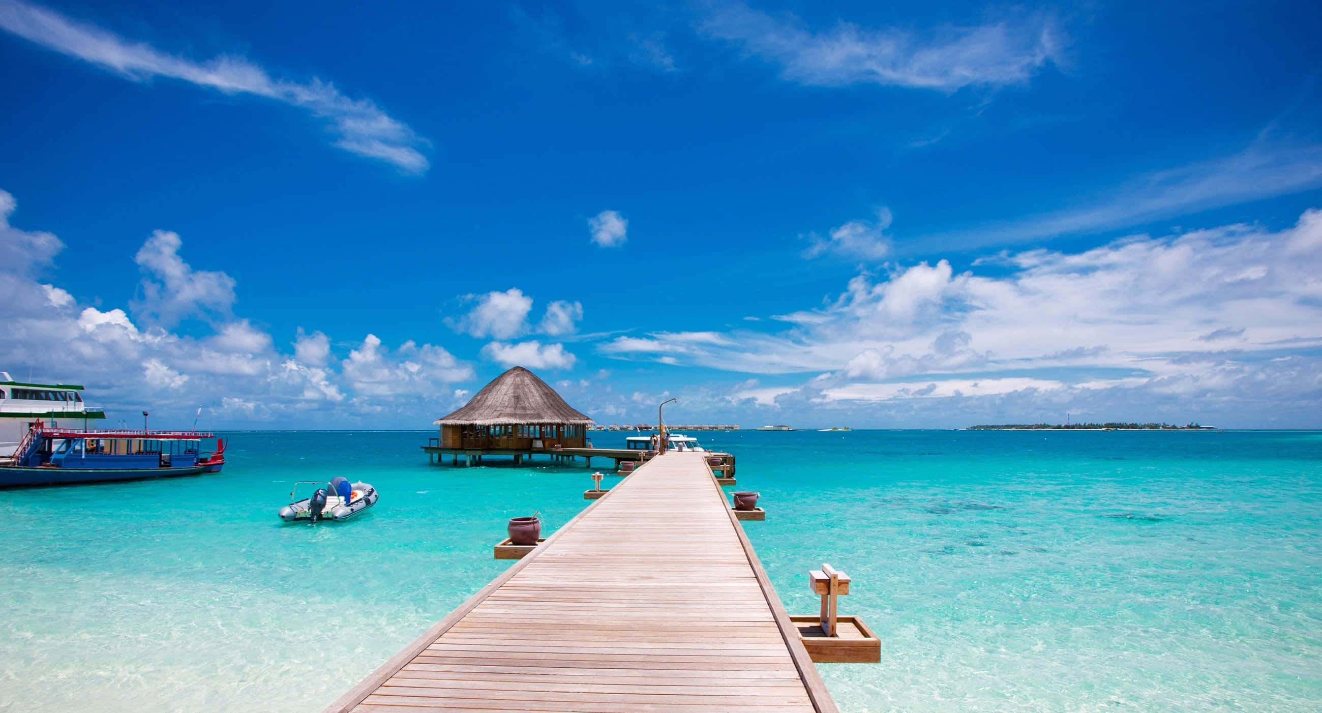 tropical paradise jetty, turquoise water, thatched overwater bungalow, 2K Desktop Wallpaper