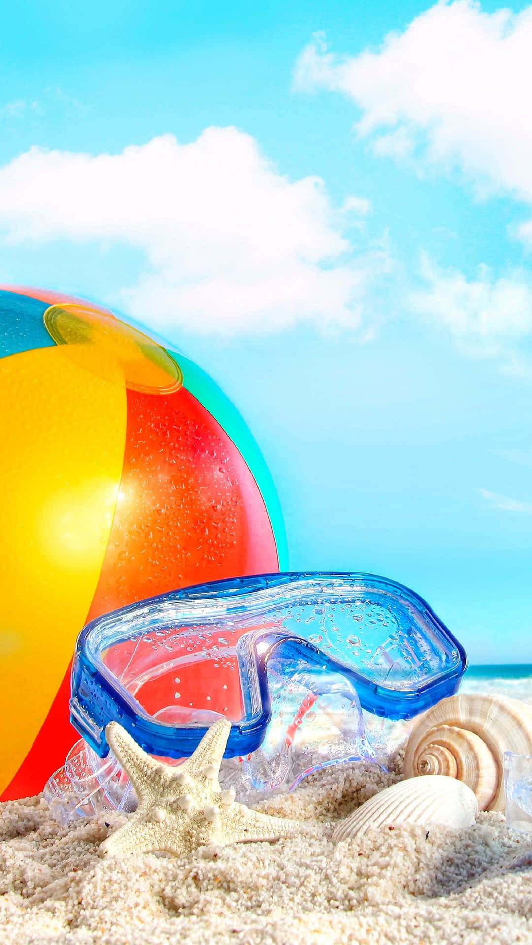 beach ball, snorkel gear, sunlit sand, Full HD Phone Wallpaper