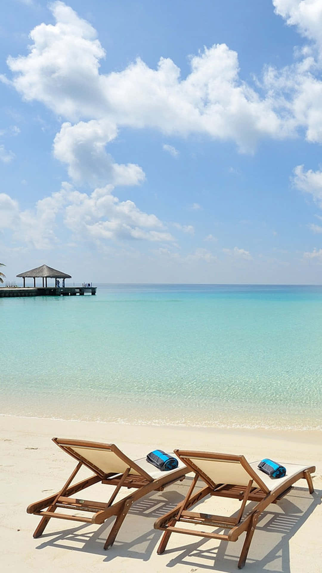 Summer Beach iPhone, wooden lounge chairs, white sand beach, Full HD Phone Wallpaper