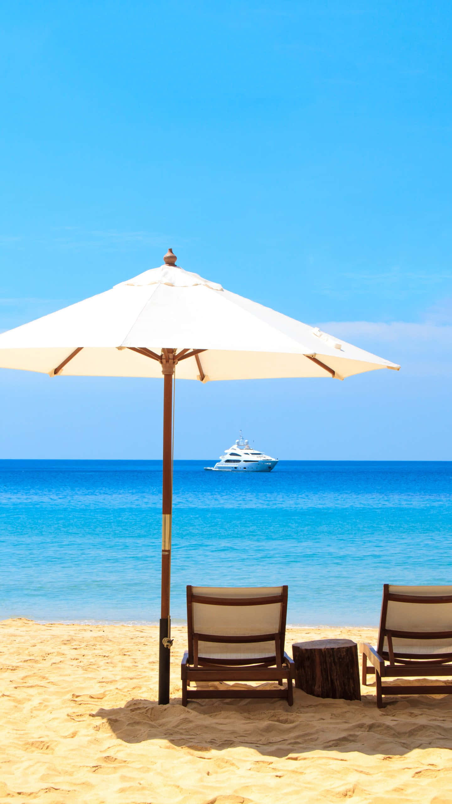 Summer Beach iPhone, white umbrella, golden sand, 2K Phone Wallpaper