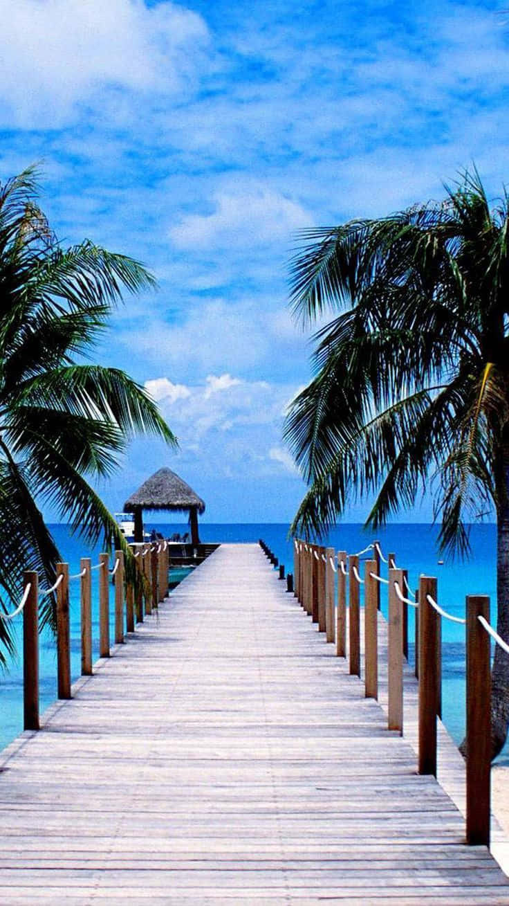 Summer Beach iPhone, wooden pier, thatched-roof hut, HD Phone Wallpaper