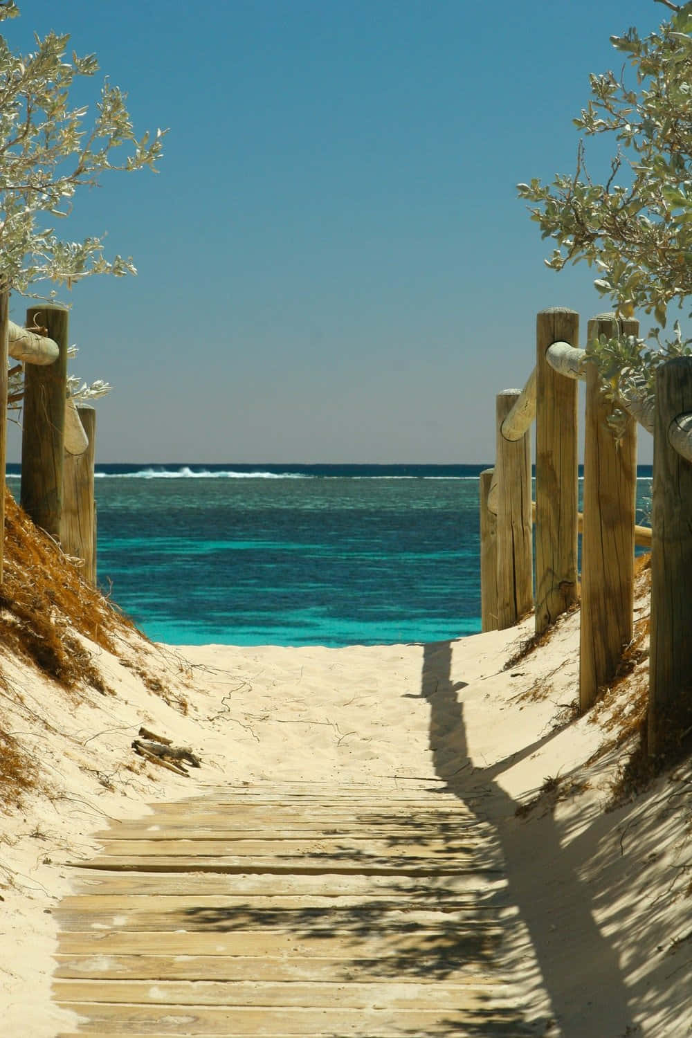 wooden boardwalk, sandy dunes, turquoise ocean waters, HD Phone Wallpaper