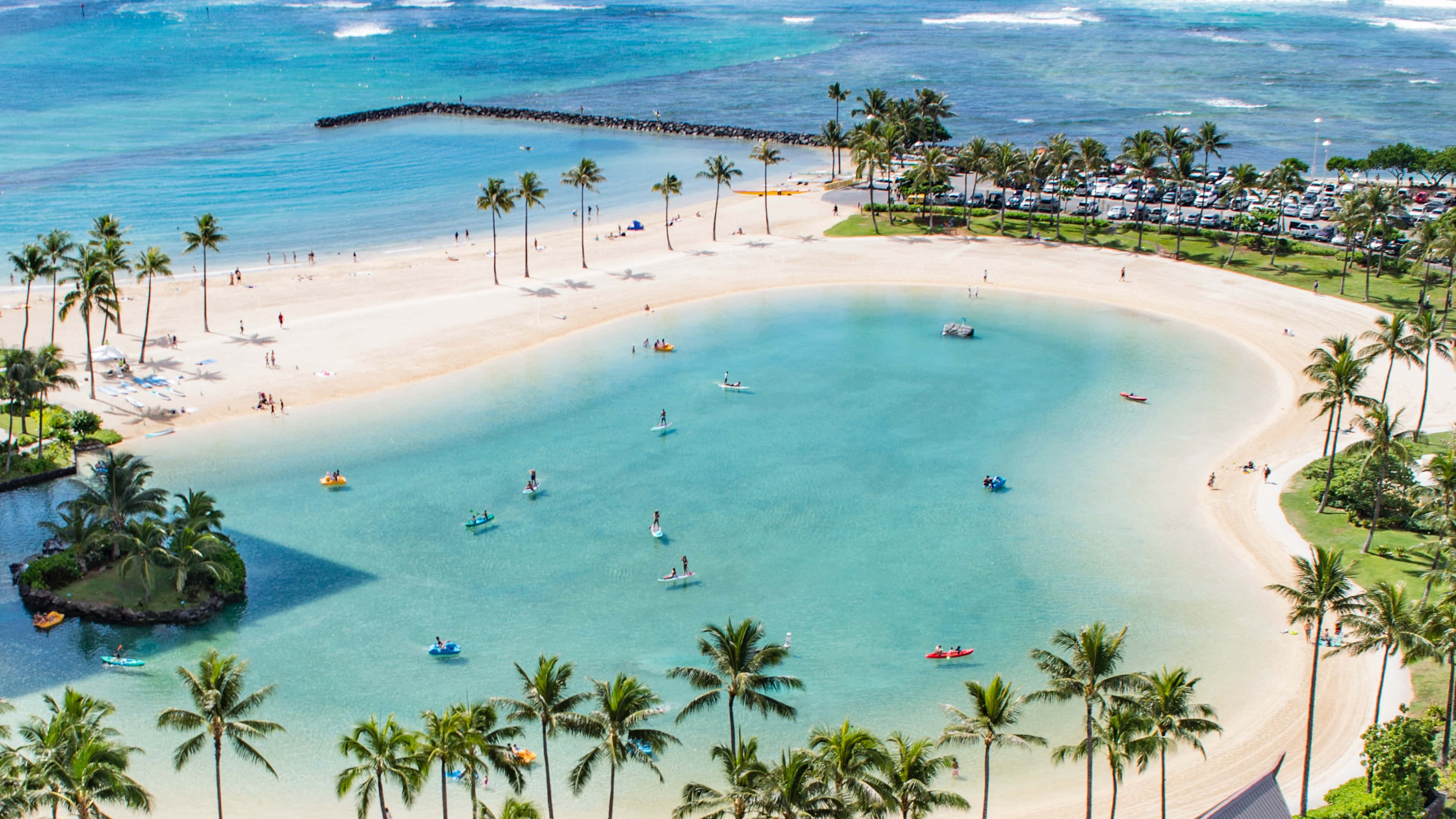 tropical beach, turquoise lagoon, palm trees, 2K Desktop Wallpaper