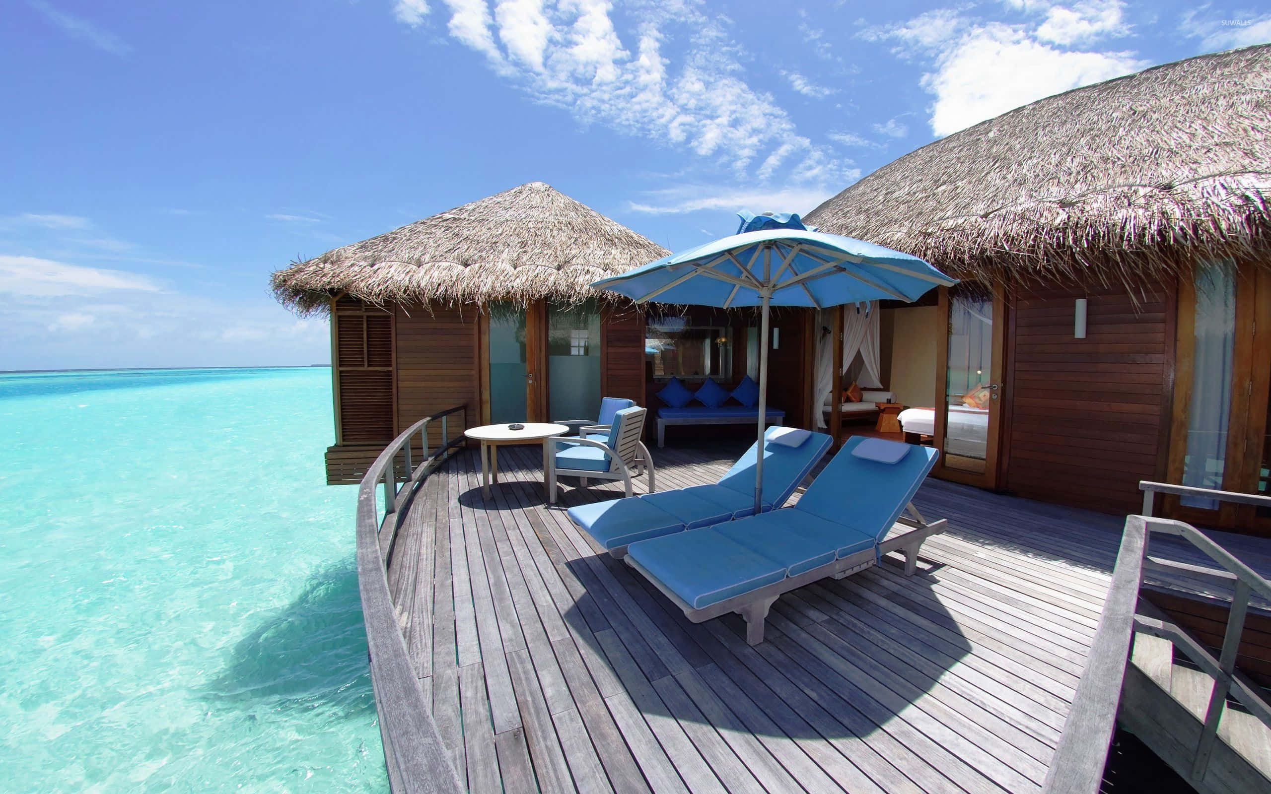 beach resort, overwater bungalow, blue loungers, 2K Desktop Wallpaper