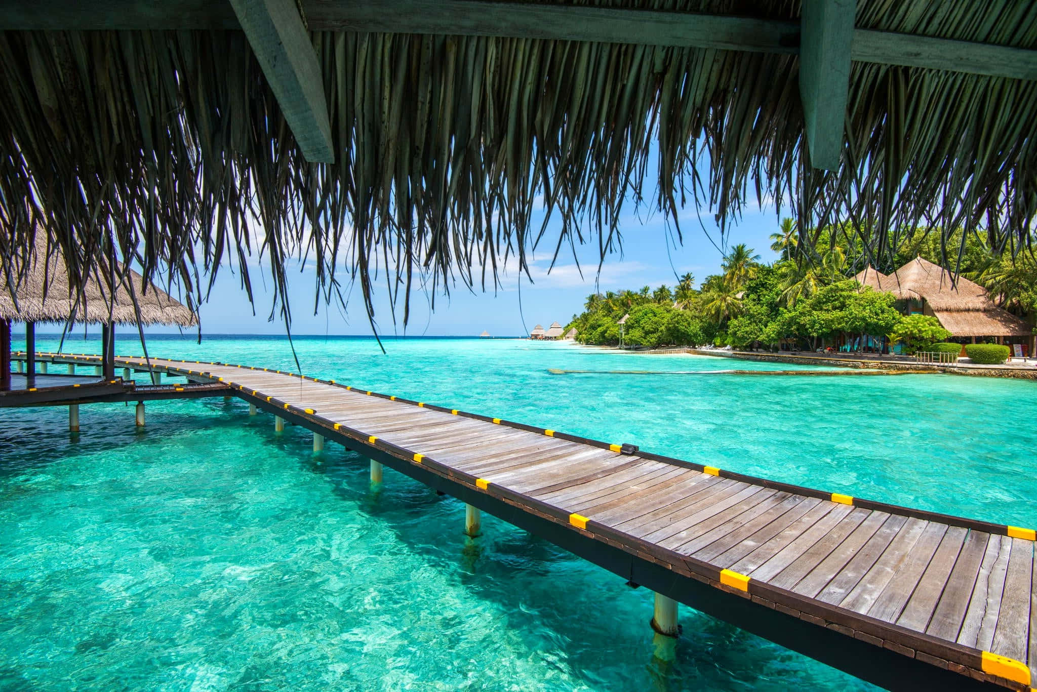 wooden pier, crystal turquoise water, thatched roof, Full HD Desktop Wallpaper