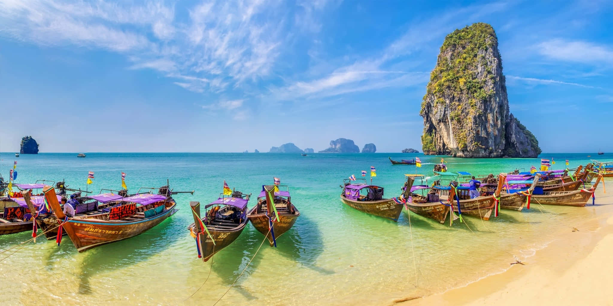 turquoise waters, golden beach, towering limestone cliff, Full HD Desktop Wallpaper