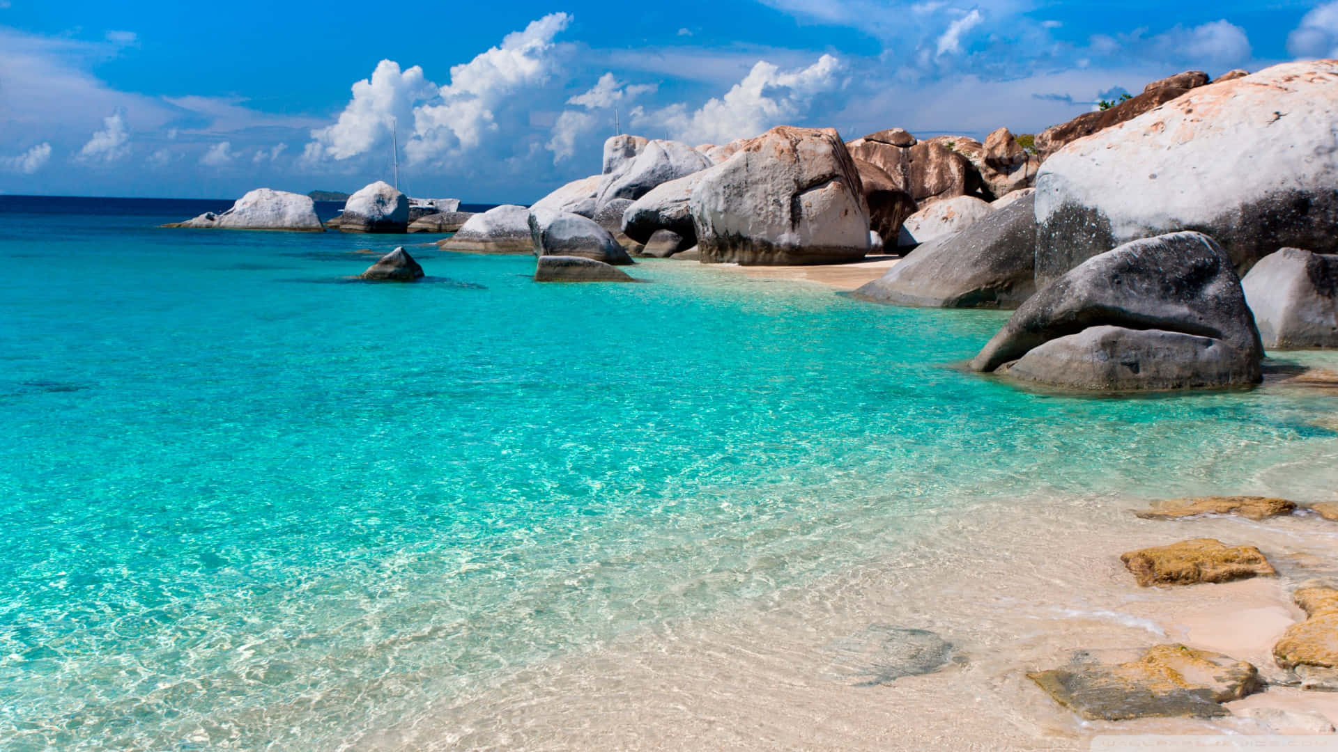 turquoise water, sandy shore, weathered boulders, Full HD Desktop Wallpaper