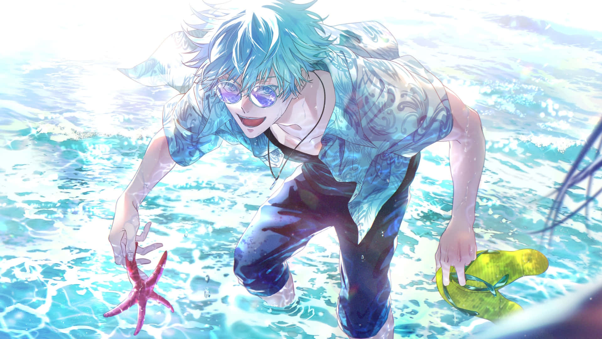 blue-haired anime boy, sunglasses, turquoise ocean water, Full HD Desktop Wallpaper