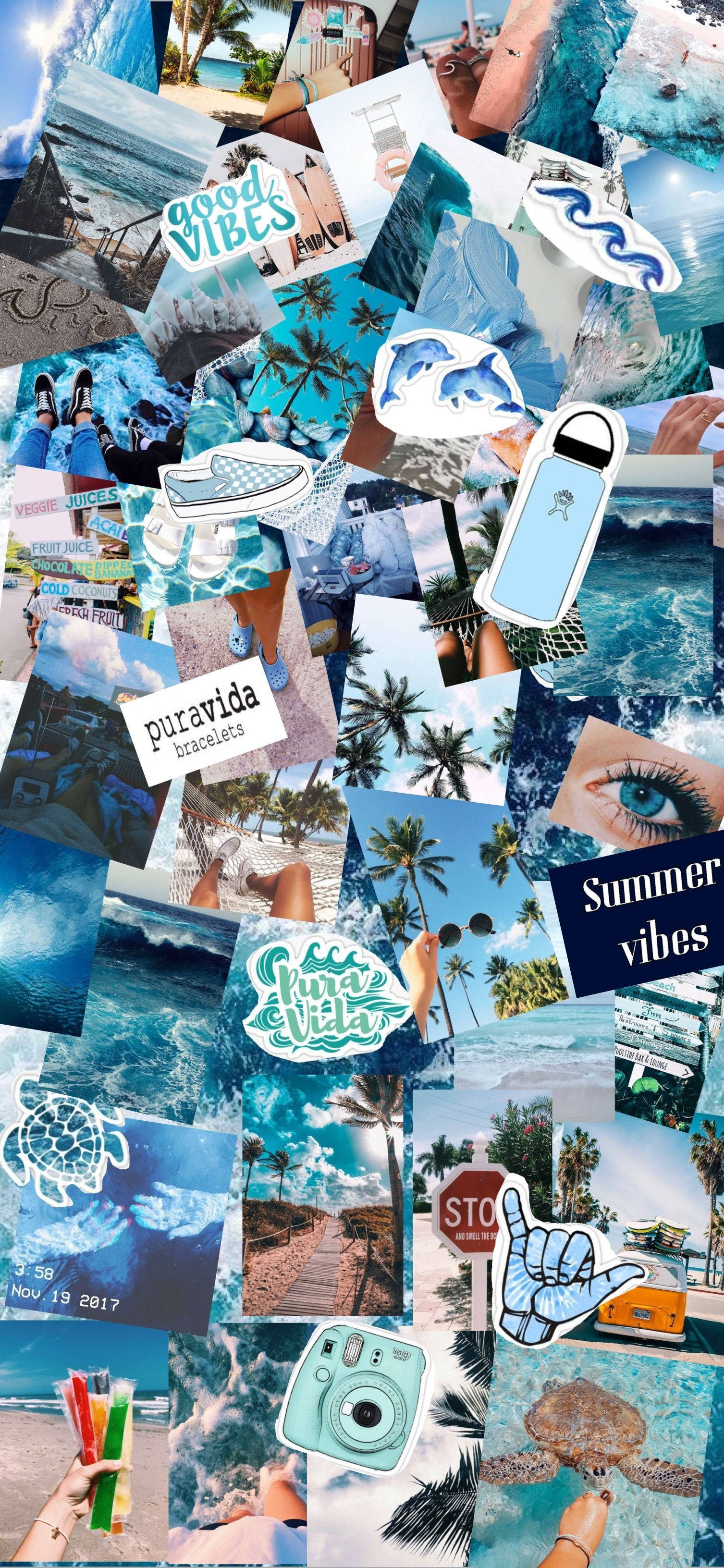 cool blue summer collage, tropical beach, blue, 2K Phone Wallpaper