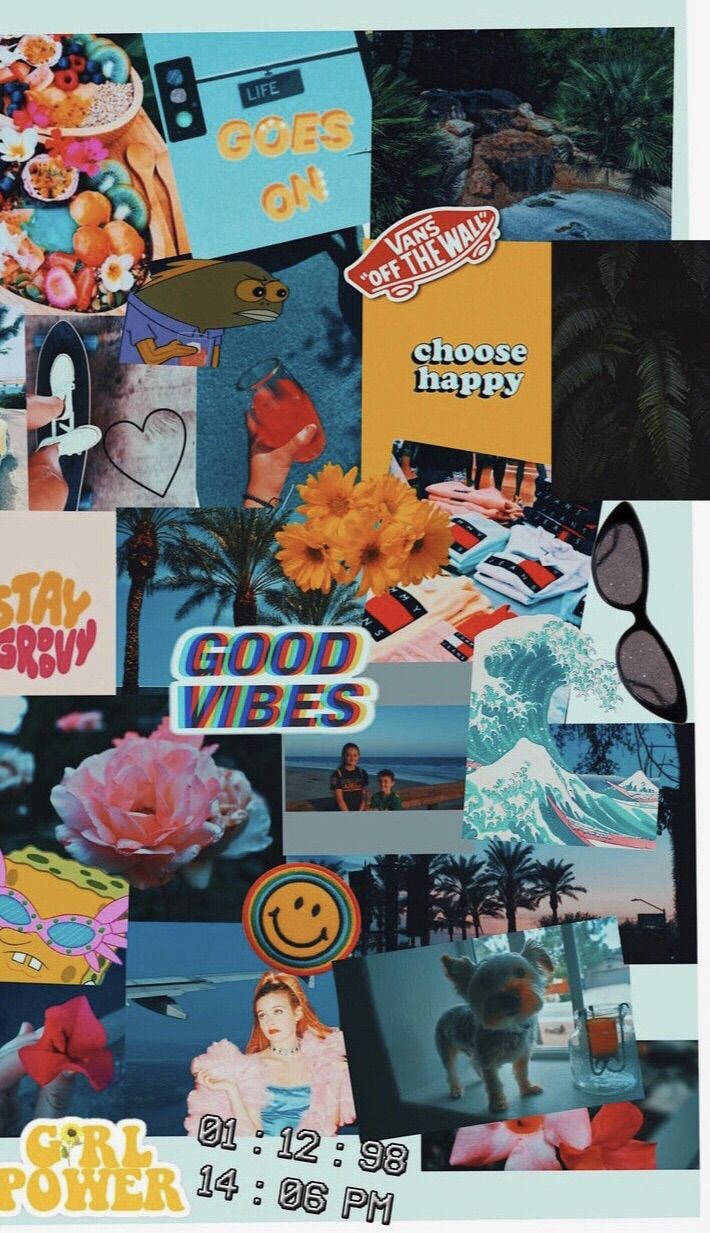 Good Vibes Summer Collage, pop culture icons, flowers, SD Phone Wallpaper