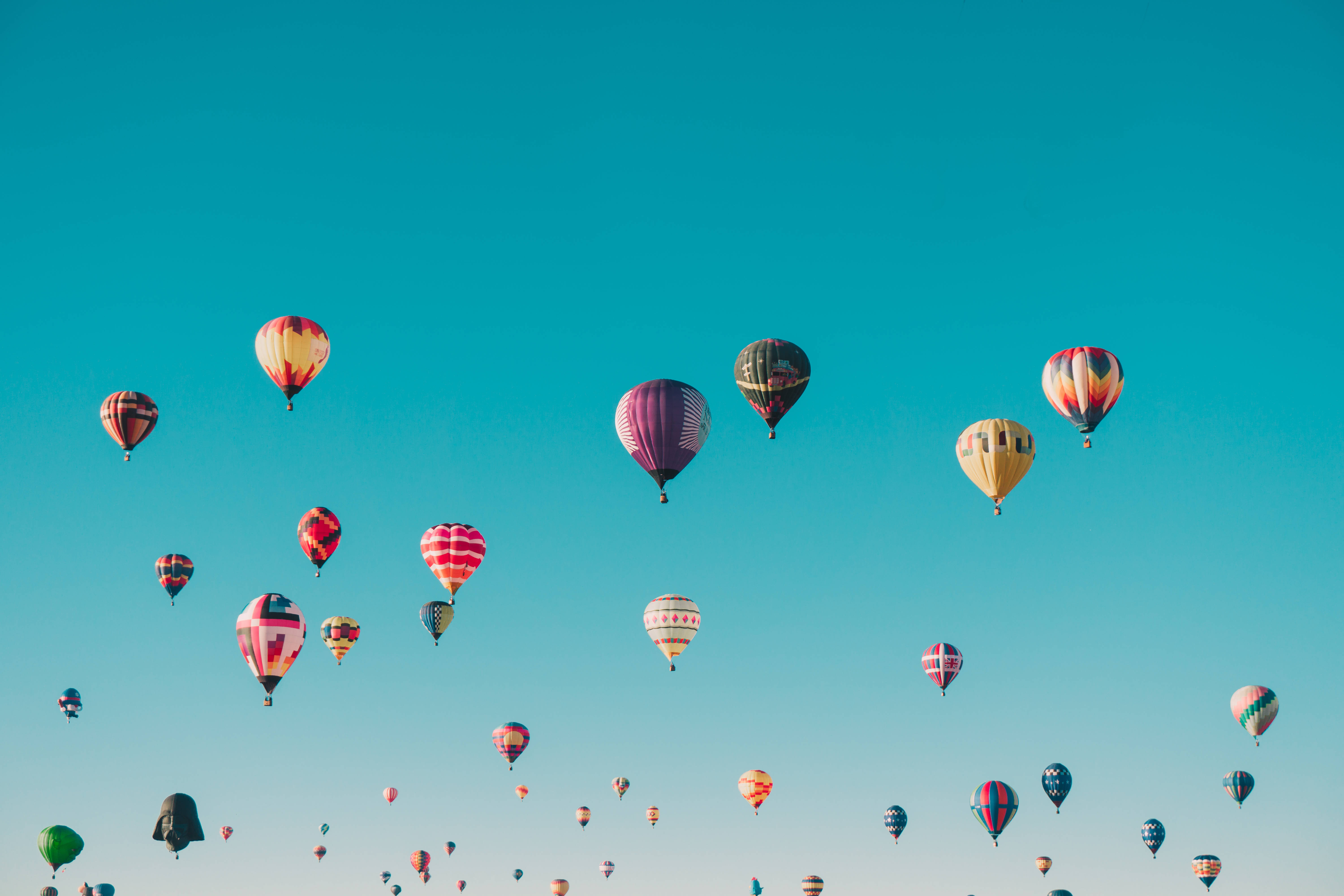 hot air balloons, turquoise sky, festive aerial display, 5K Desktop Wallpaper