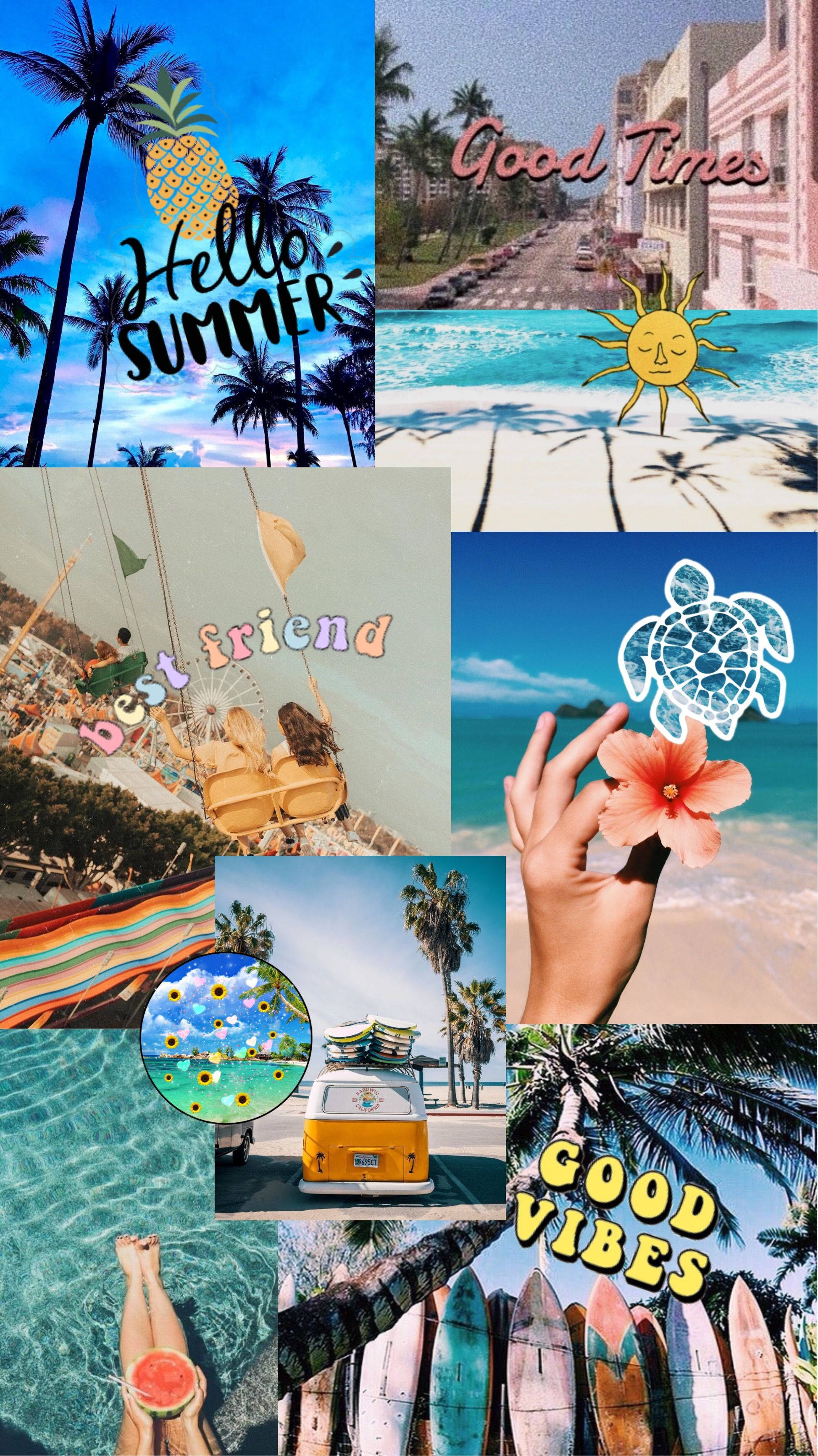 Blue Summer Aesthetic Vibes, palm trees, surfboards, 2K Phone Wallpaper