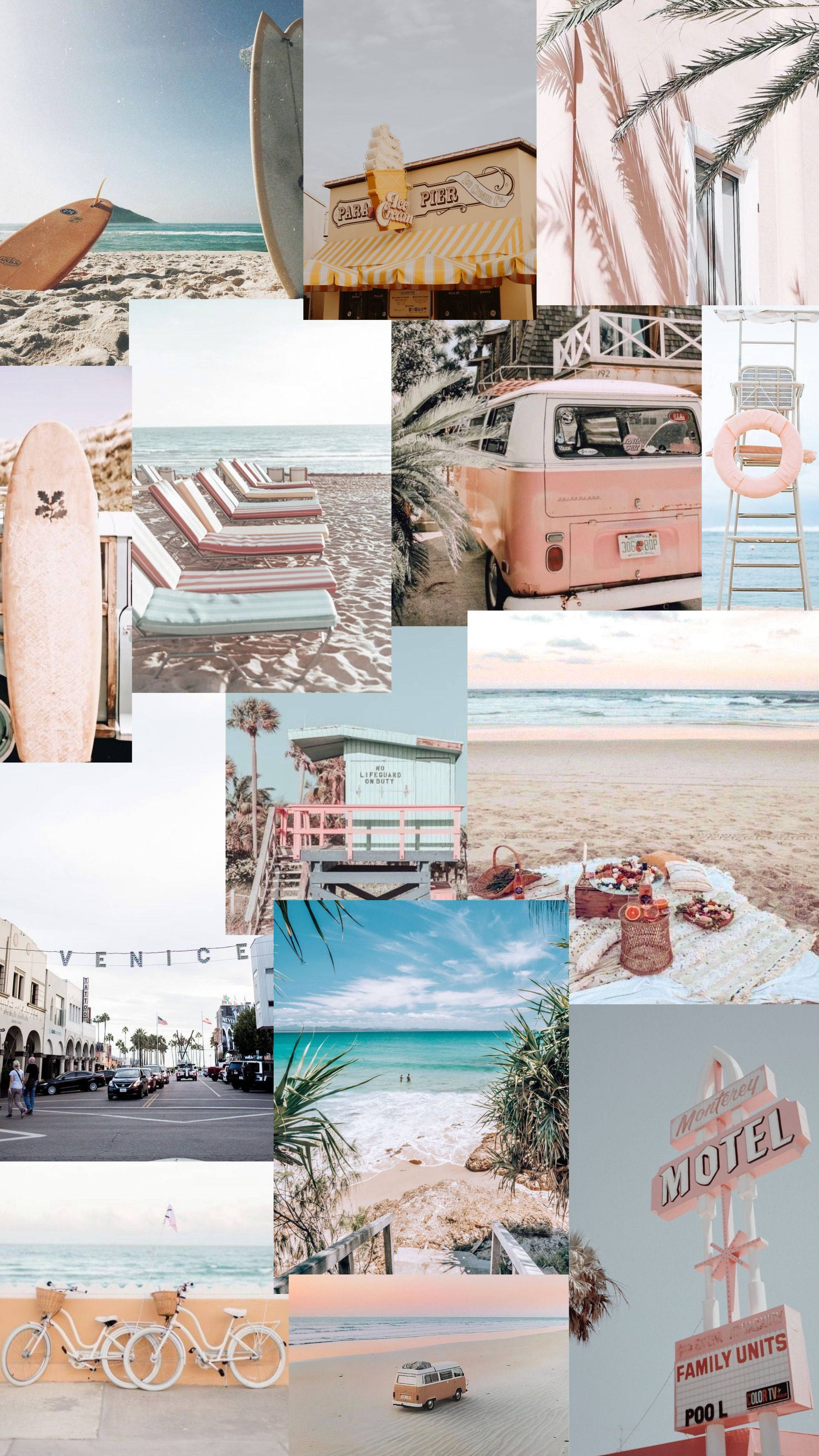 pastel summer collage, pink vans, surfboards, 4K Phone Wallpaper