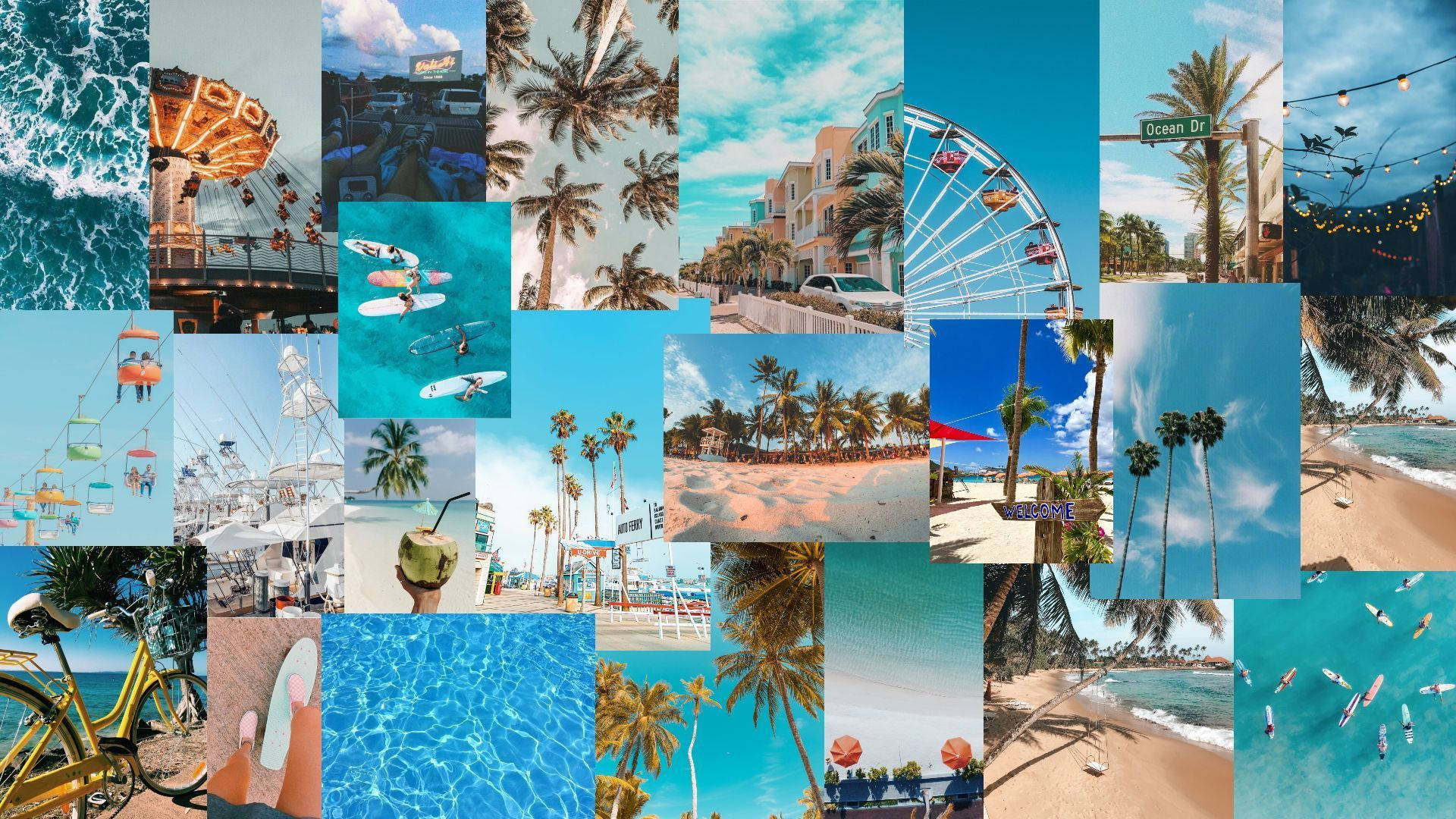 tropical collage, palm trees, turquoise waters, Full HD Desktop Wallpaper