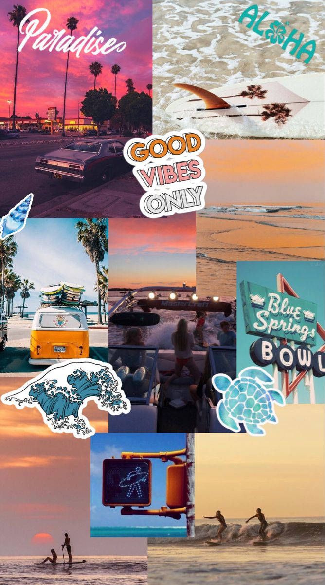 tropical collage, palm trees, vintage cars, SD Phone Wallpaper