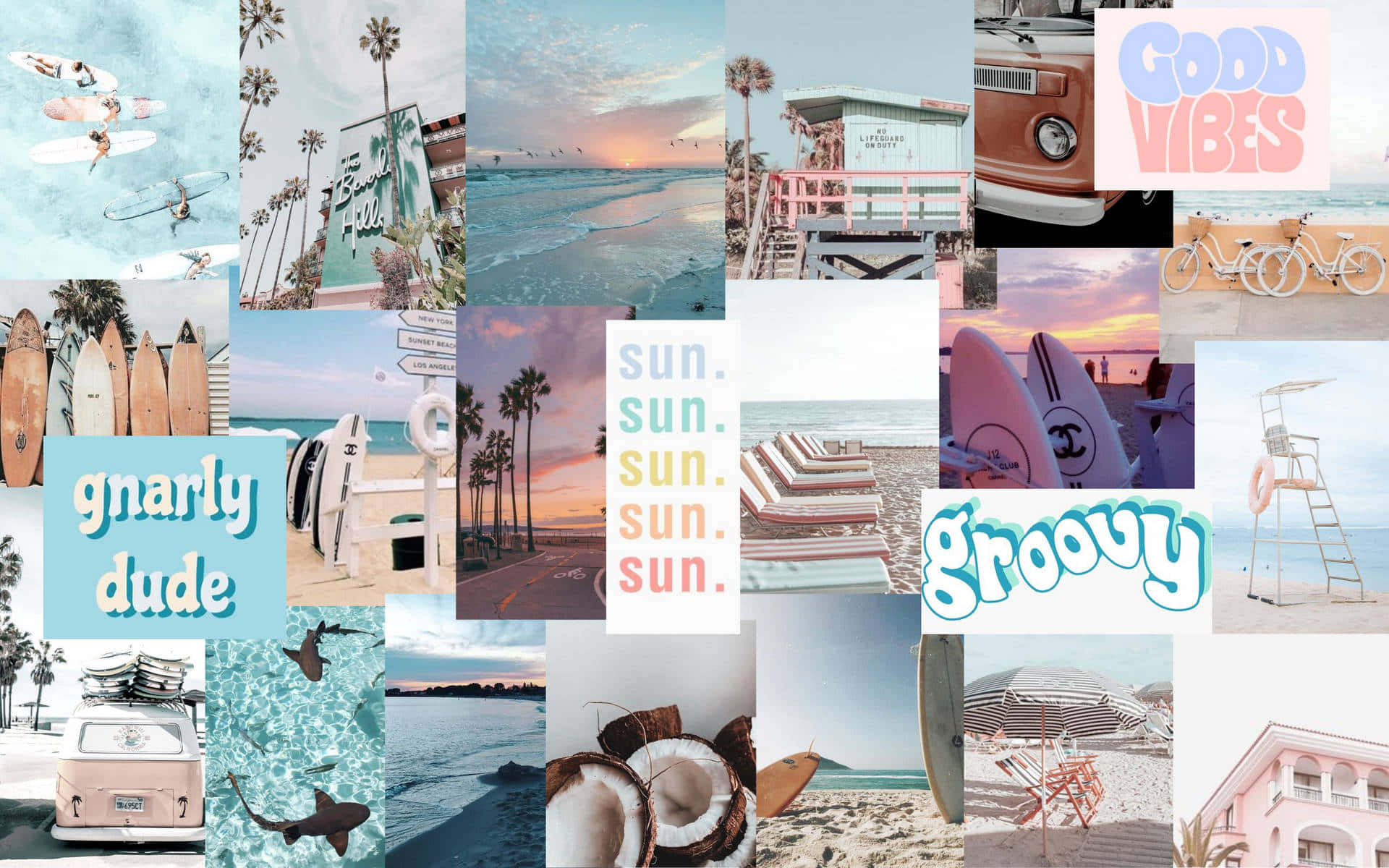 pastel summer collage, beach, palm trees, Full HD Desktop Wallpaper