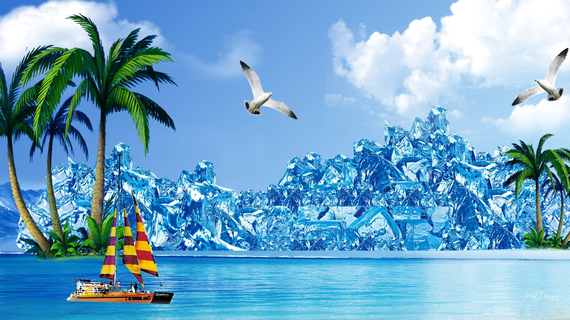 tropical scene, palm trees, seagulls, Full HD Desktop Wallpaper