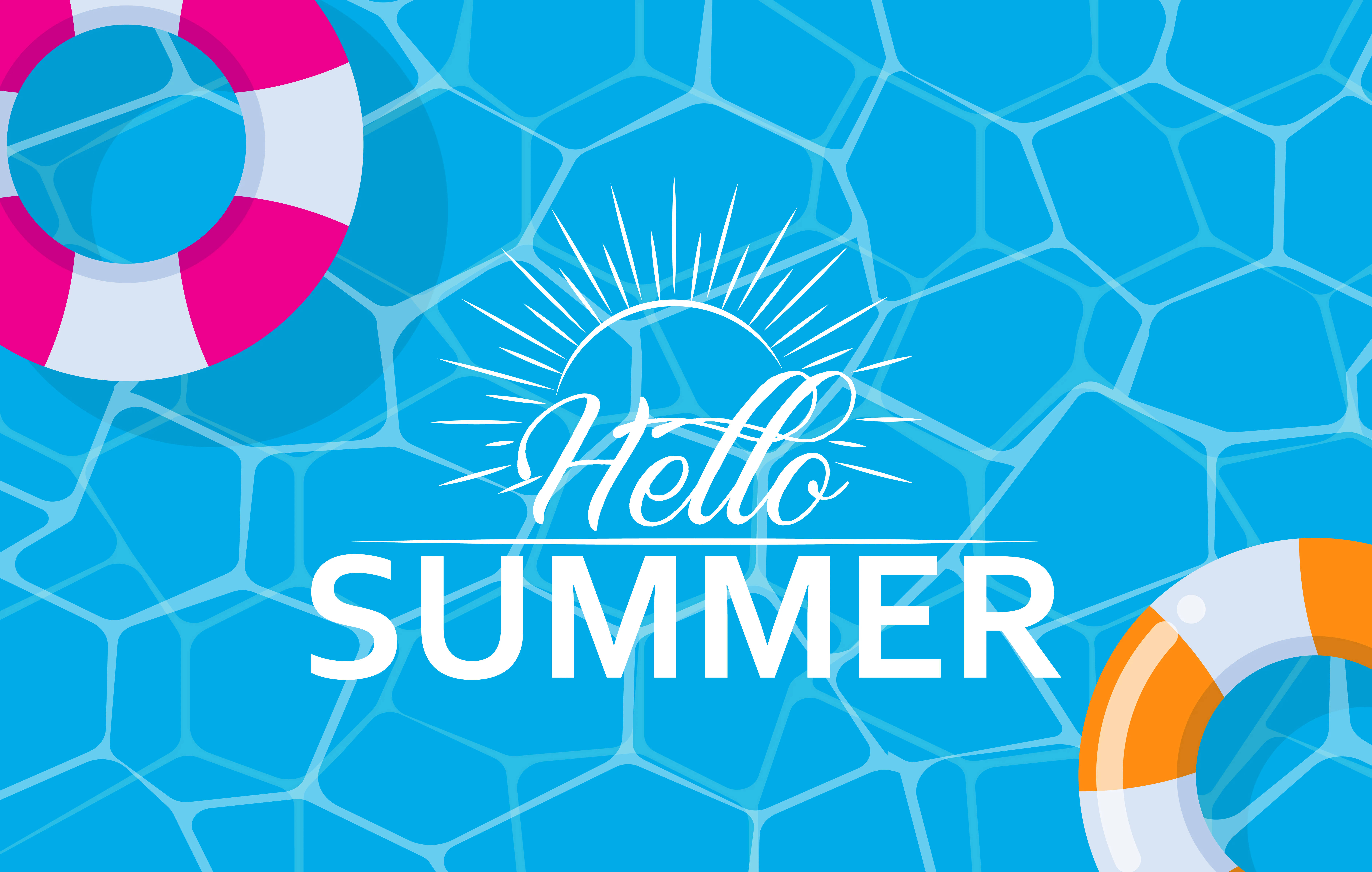Hello SUMMER, blue pool tiles, pink lifebuoys, 5K Desktop Wallpaper