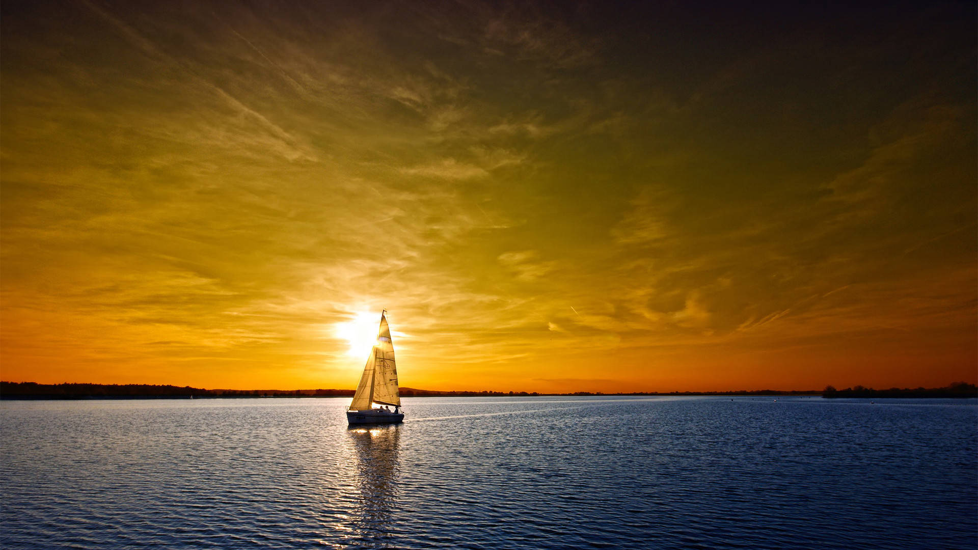 sailboat, tranquil lake, fiery sunset sky, Full HD Desktop Wallpaper