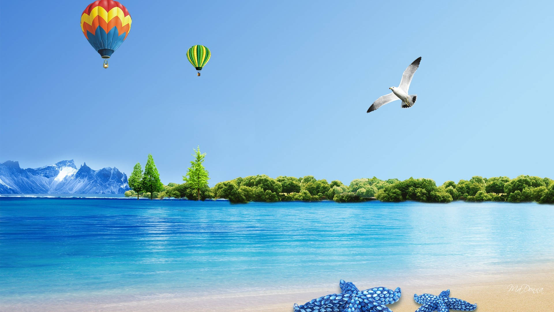 Digital Beach Summer Desktop, hot air balloons, turquoise lake, Full HD Desktop Wallpaper