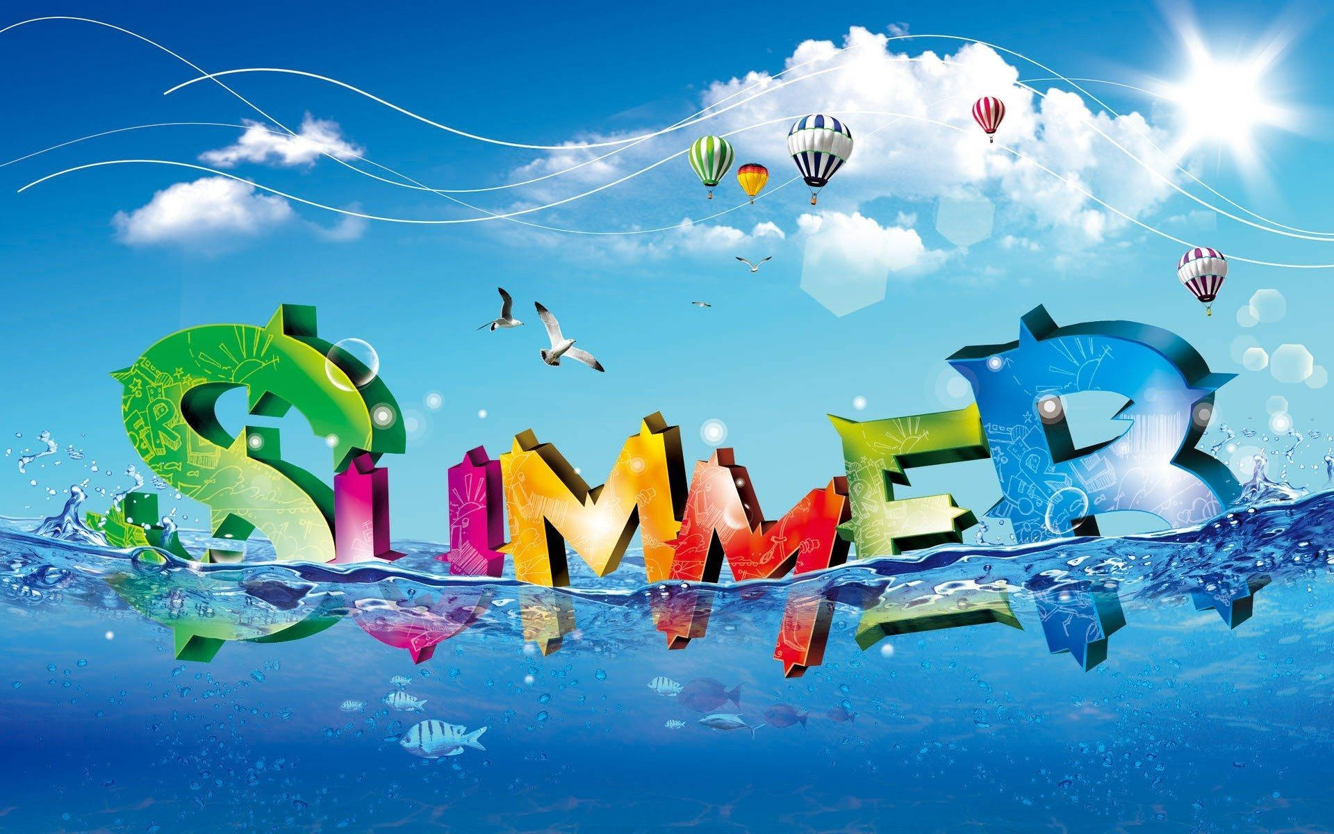 Summer Desktop, 3D summer letters, sparkling blue water, Full HD Desktop Wallpaper