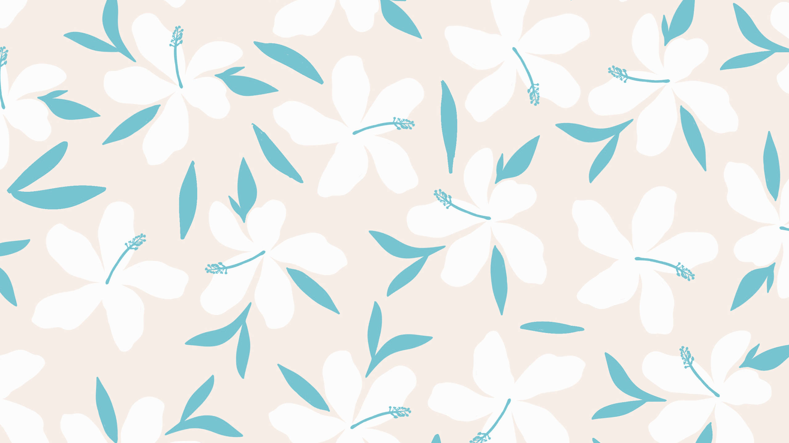white hibiscus flowers, teal leaves, soft beige background, 2K Desktop Wallpaper