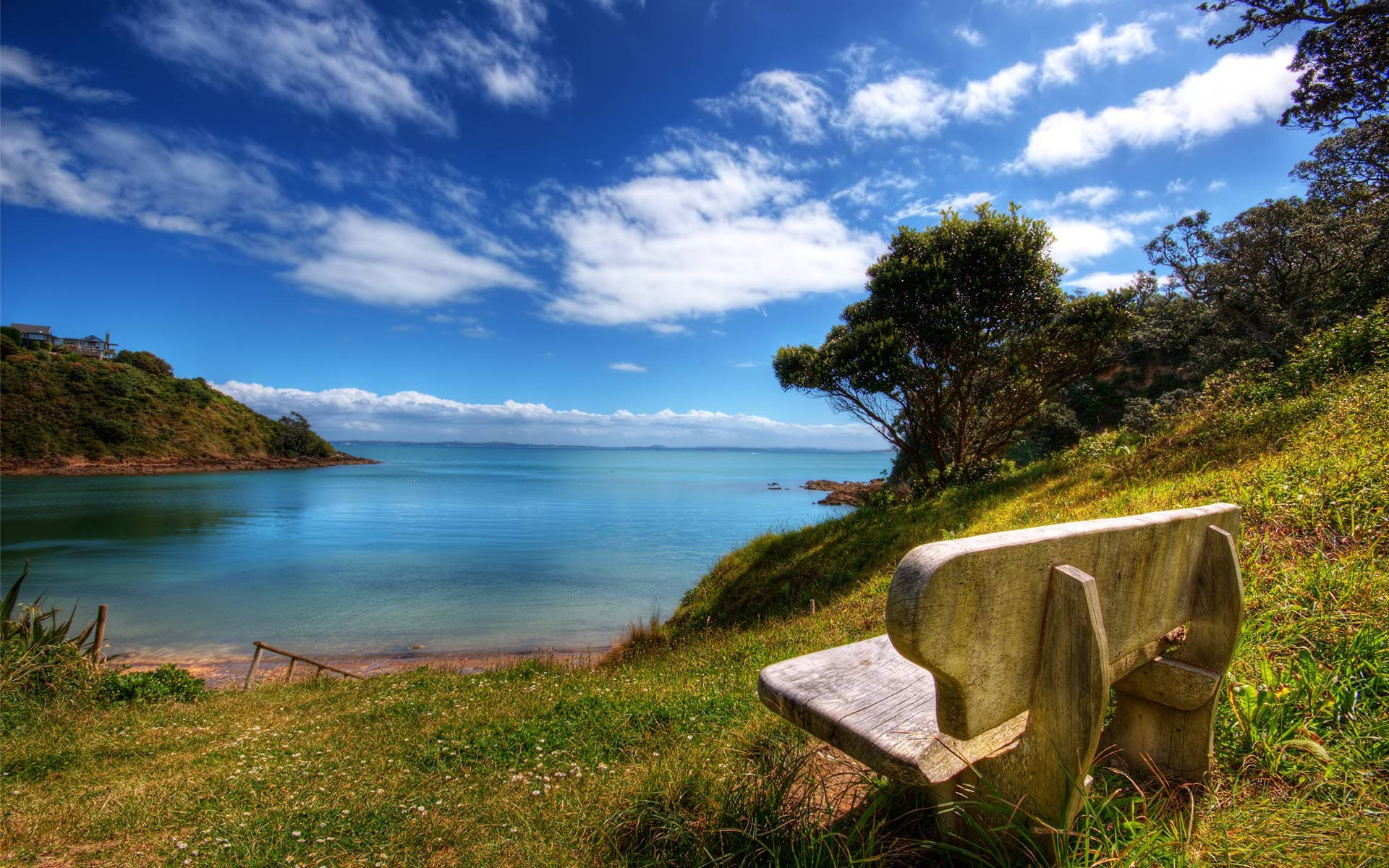 wooden bench, grassy hill, calm turquoise bay, Full HD Desktop Wallpaper