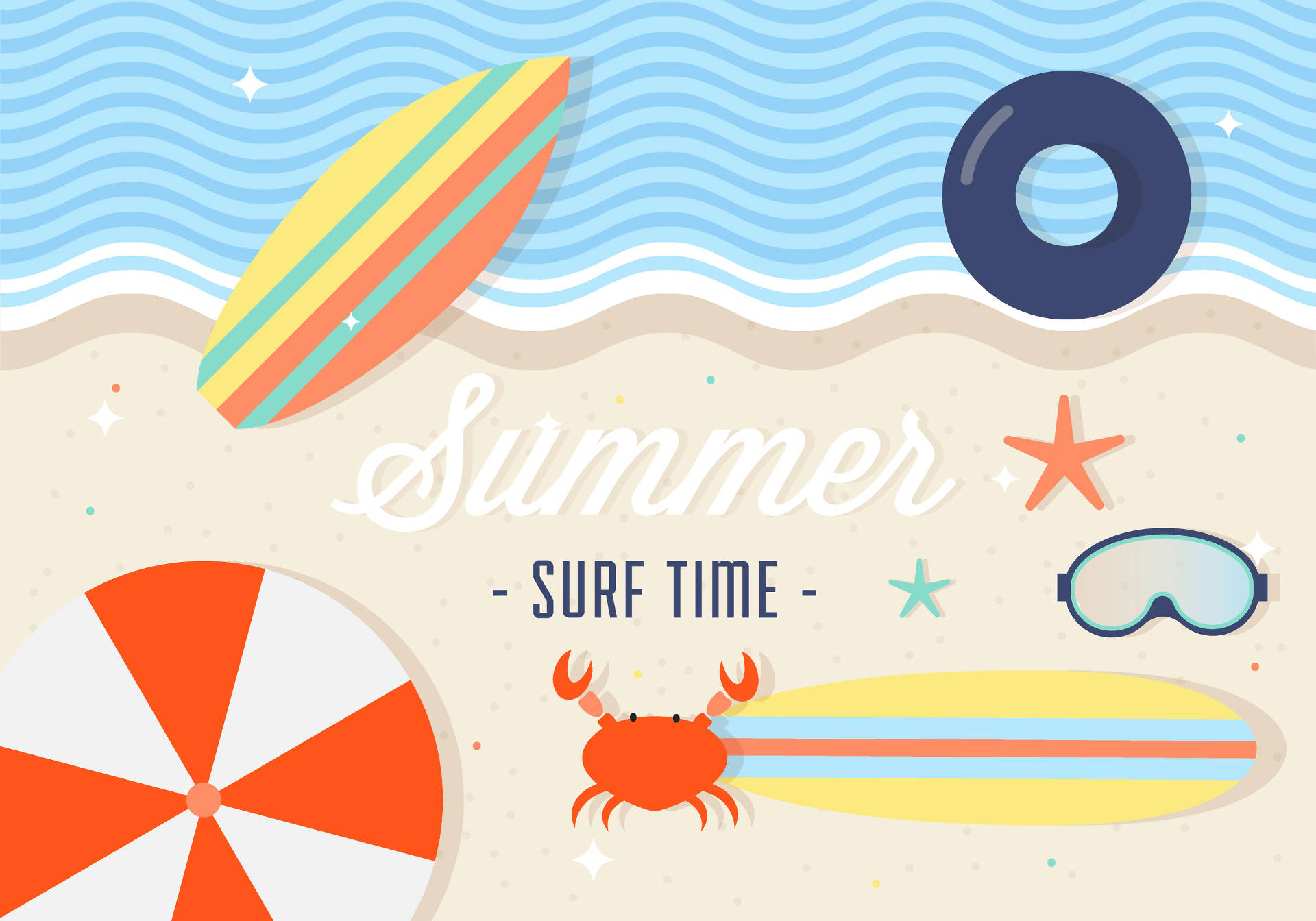 summer surf desktop, surfboards, crab, Full HD Desktop Wallpaper