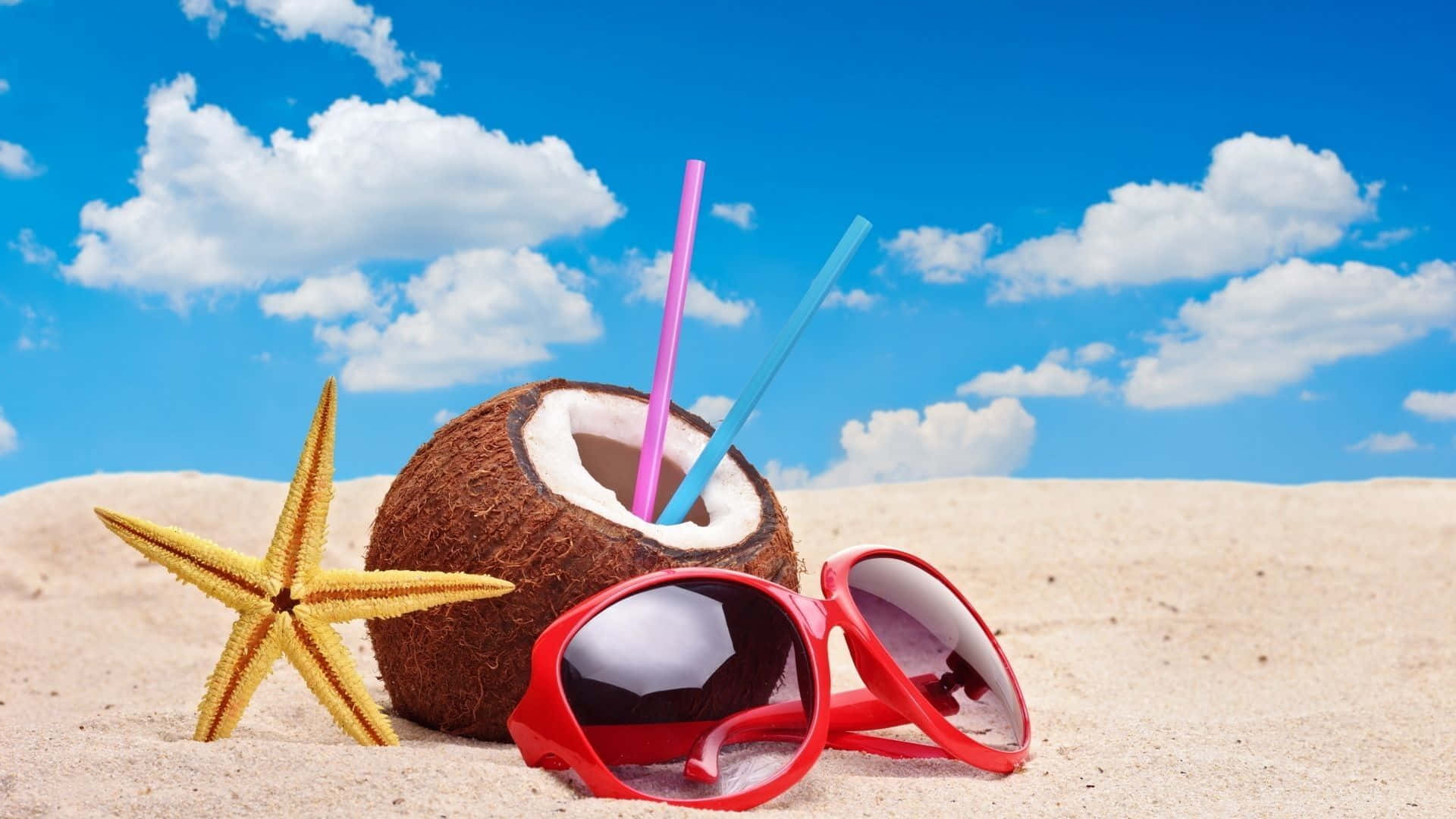 coconut drink, colorful straws, red sunglasses, Full HD Desktop Wallpaper
