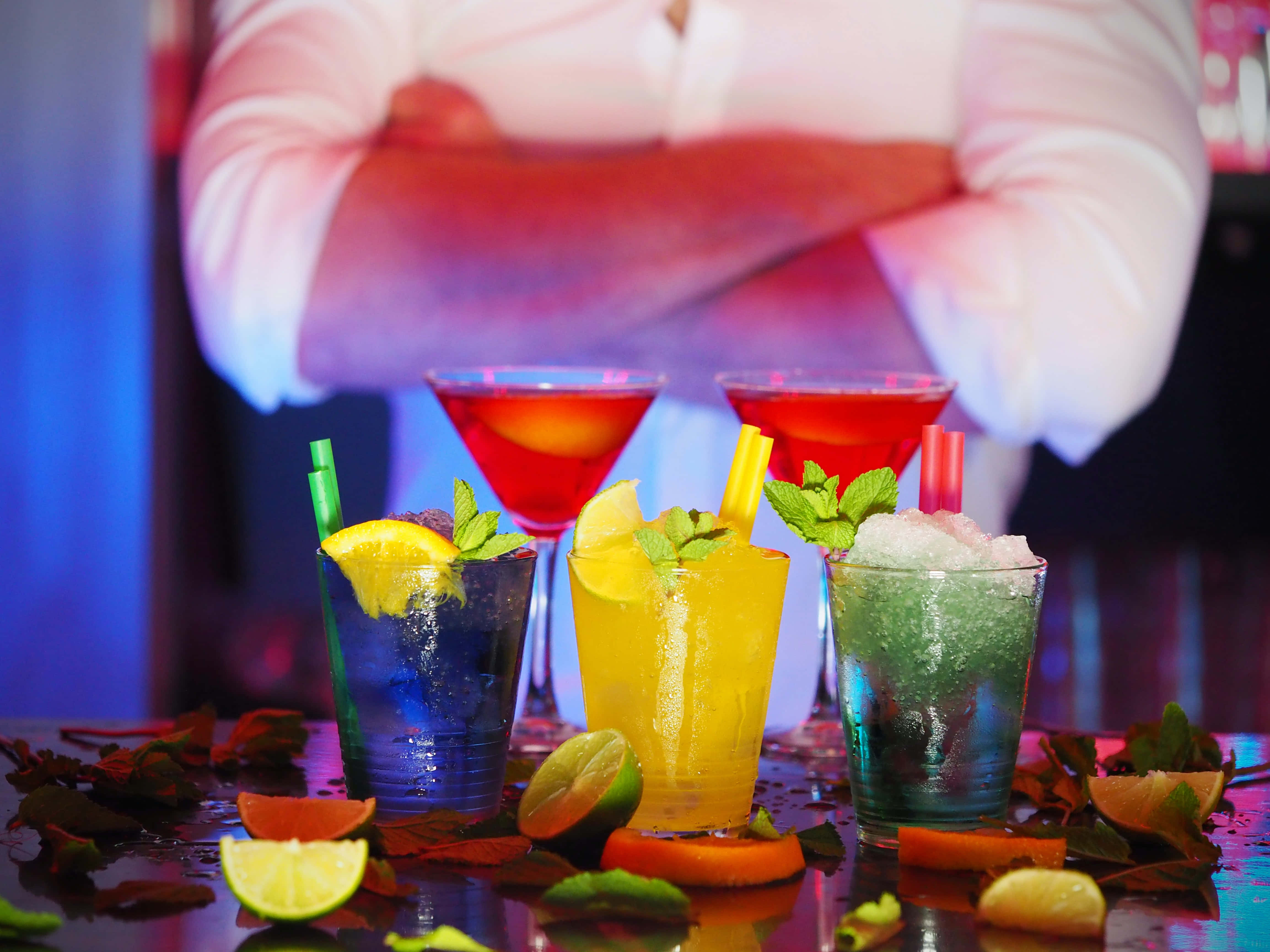 Chilled Summer Drinks, bright daylight, neon lights, 4K Desktop Wallpaper