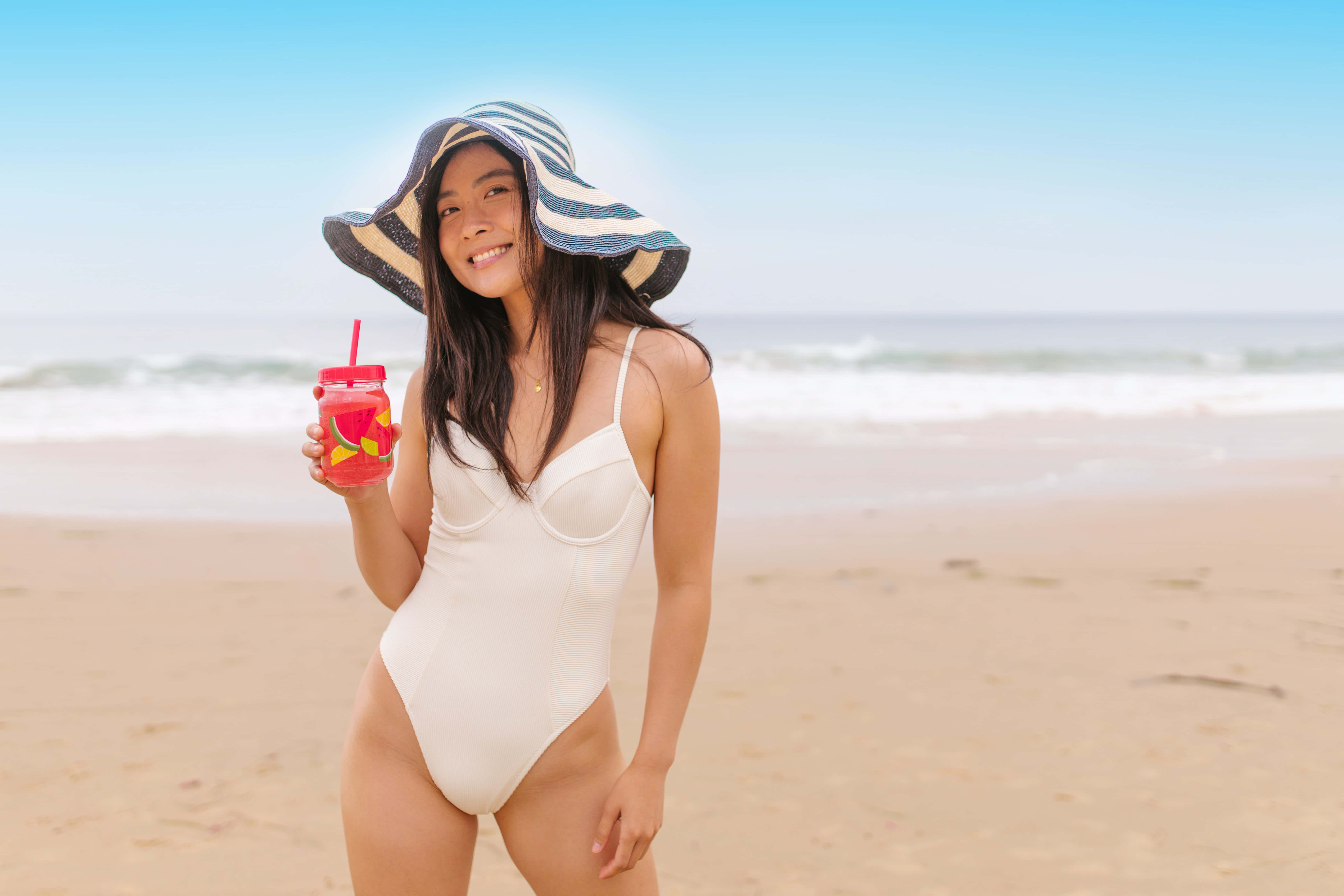 summer drinks, white swimsuit, striped sun hat, 5K Desktop Wallpaper