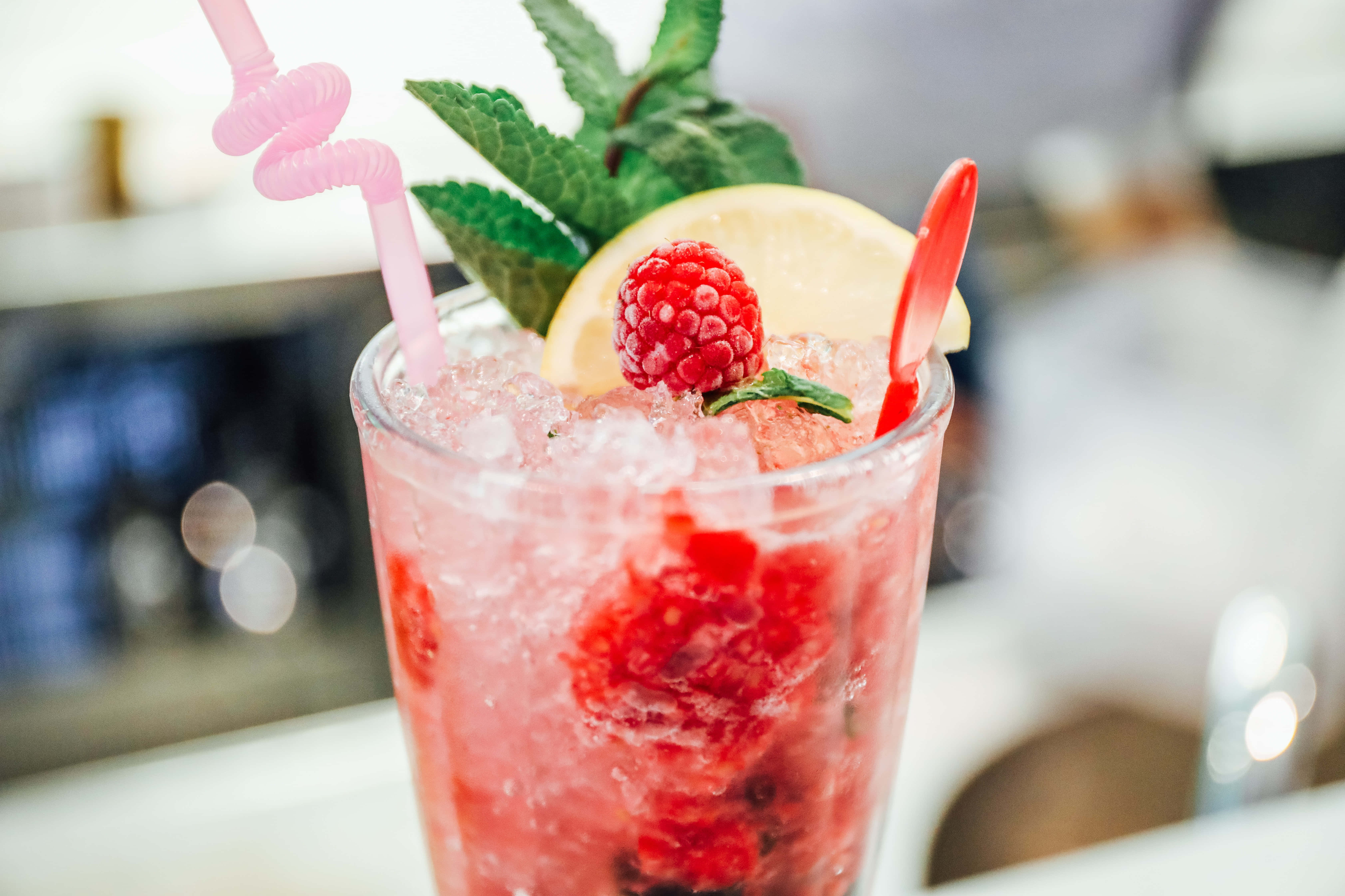 pink raspberry cocktail, ice mint lemon, curly straws, 5K Desktop Wallpaper