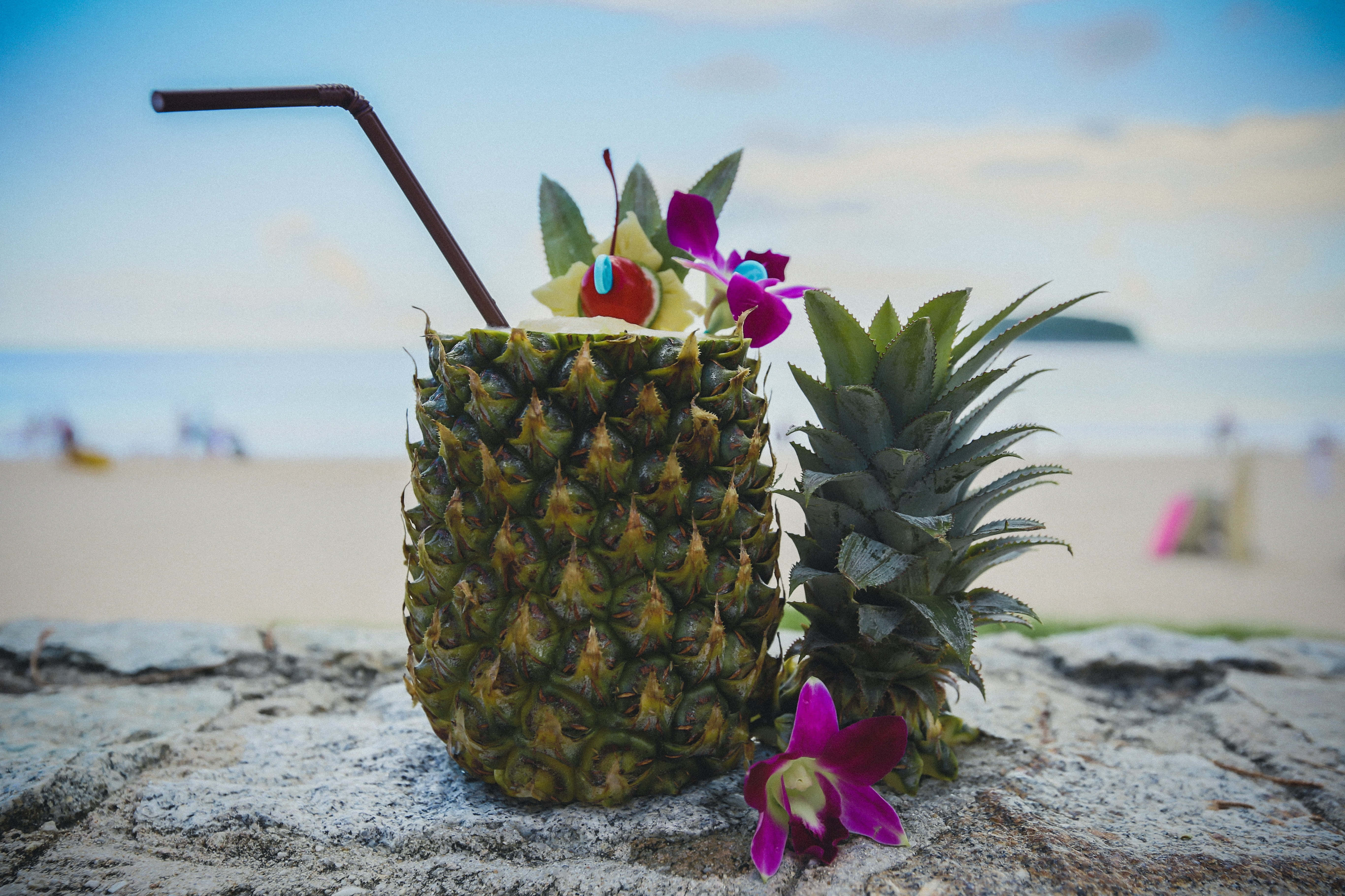 tropical pineapple drink, flowers, cherry, 5K Desktop Wallpaper