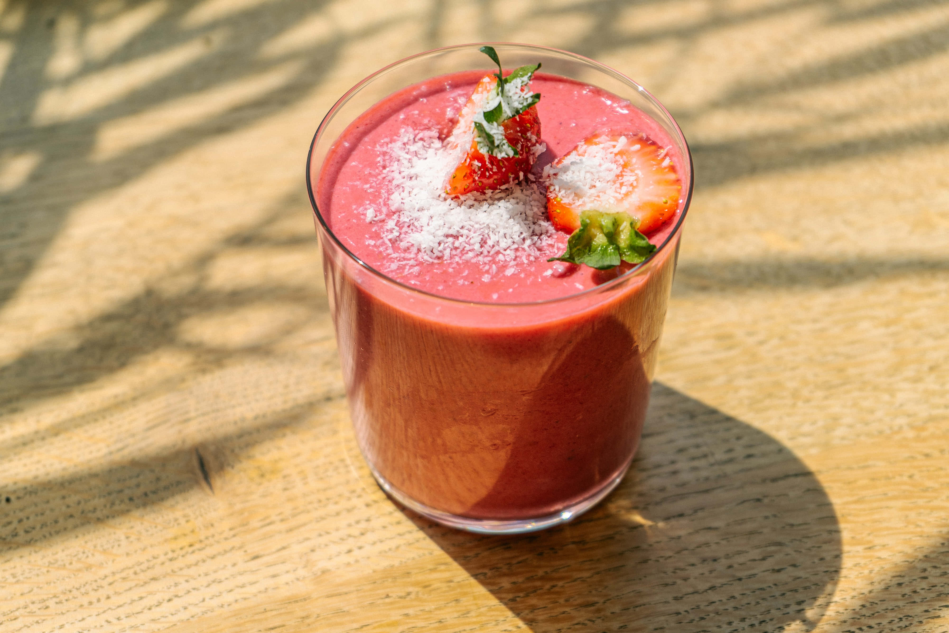 summer drinks, pink strawberry smoothie, coconut flakes, 4K Desktop Wallpaper