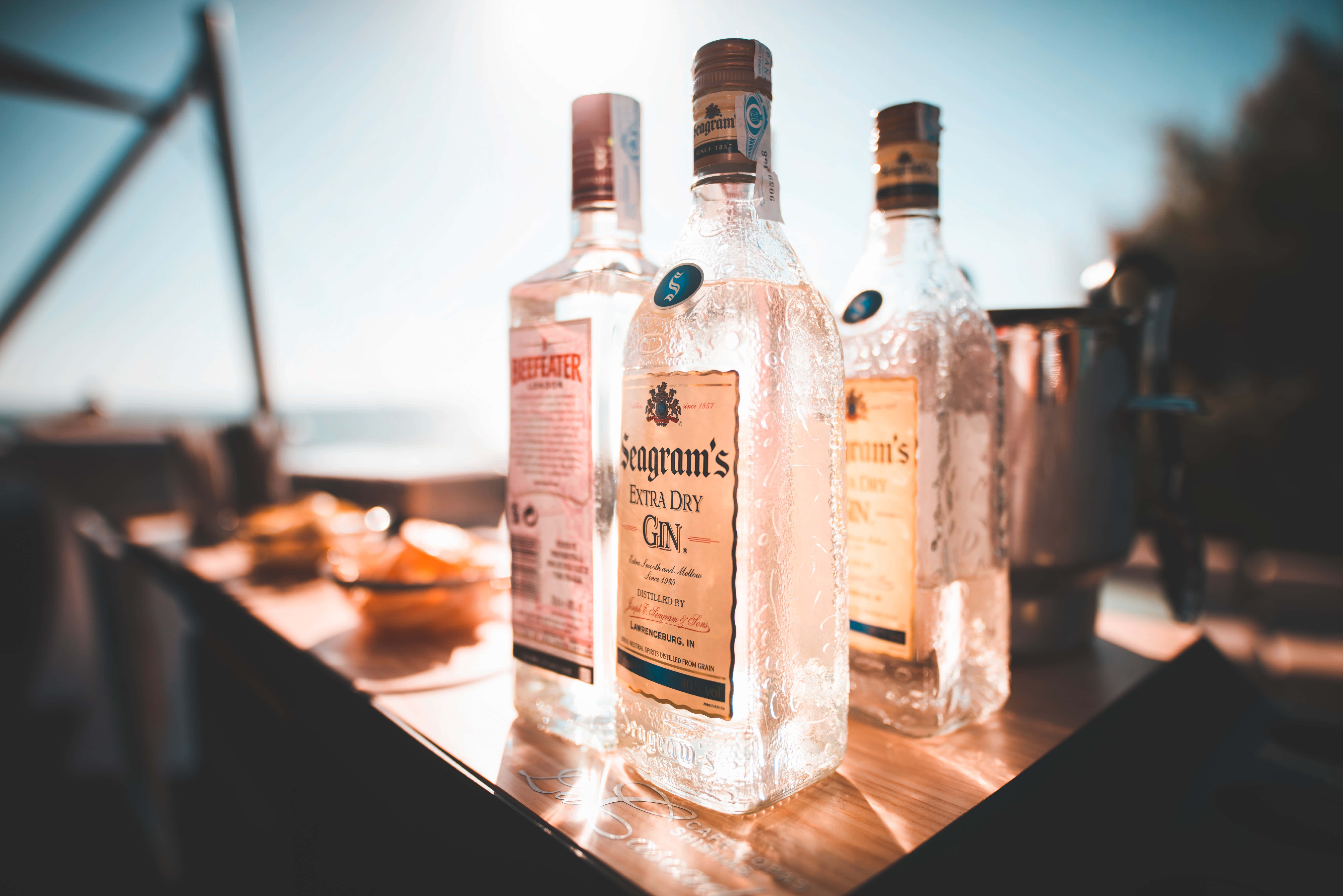 summer drinks, gin bottles, wooden table, 5K Desktop Wallpaper
